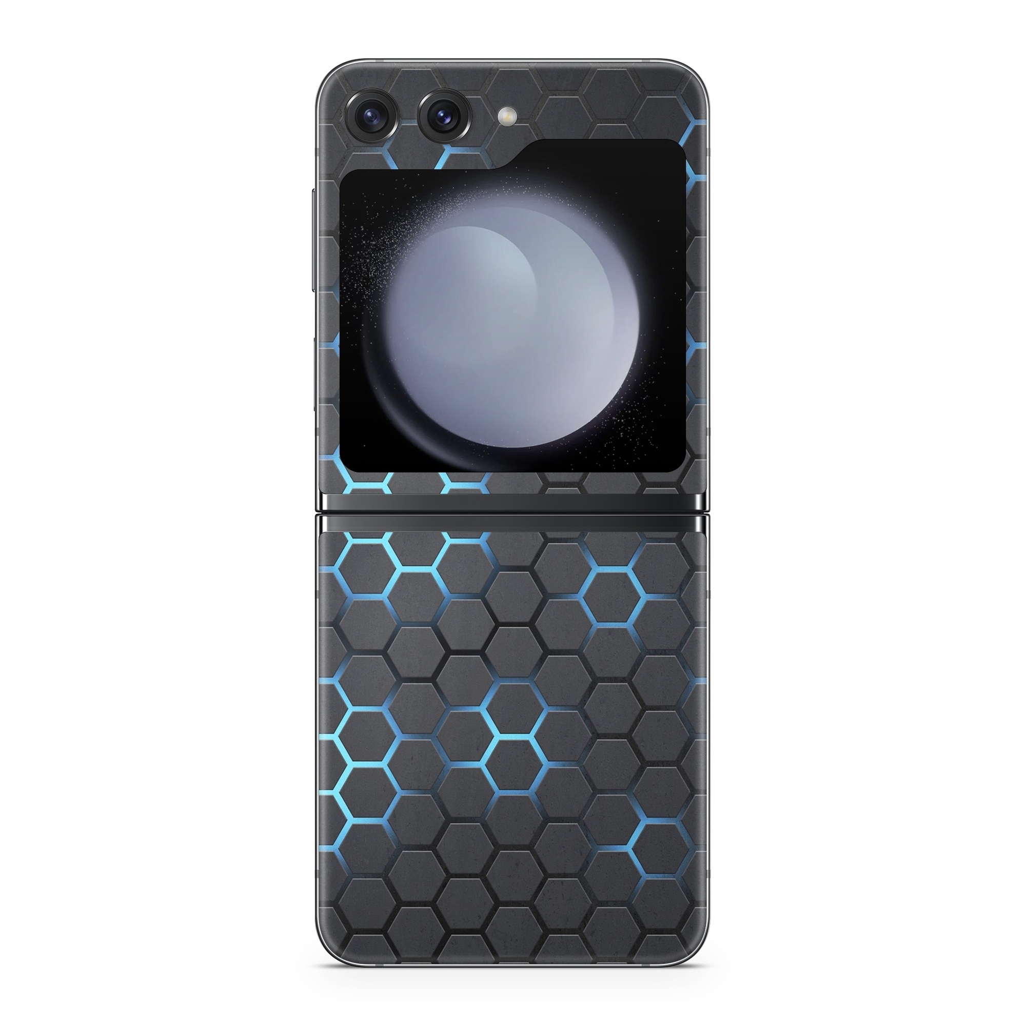Samsung Galaxy Z Flip5 Skin design of Pattern, Water, Design, Circle, Metal, Mesh, Sphere, Symmetry, with black, gray, blue colors