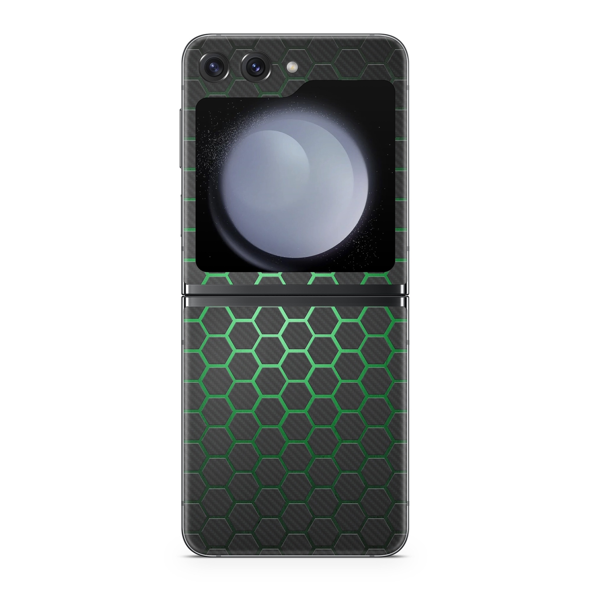 Samsung Galaxy Z Flip5 Skin design of Pattern, Metal, Design, Carbon, Space, Circle, with black, gray, green colors