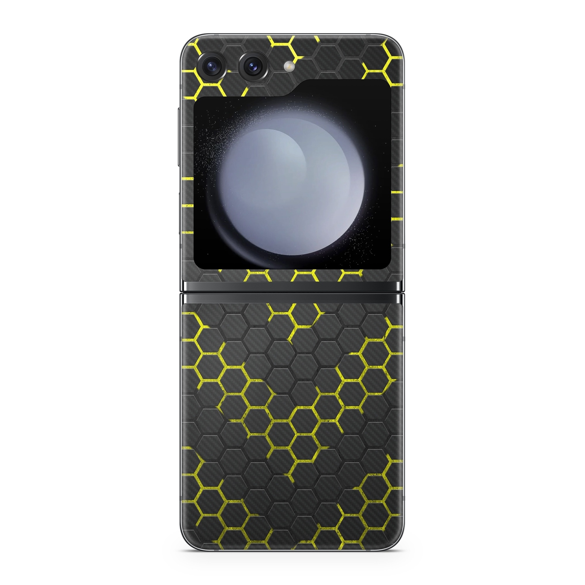 Samsung Galaxy Z Flip5 Skin design of Black, Pattern, Yellow, Mesh, Net, Chain-link fencing, Design, Metal, with black, gray, yellow colors