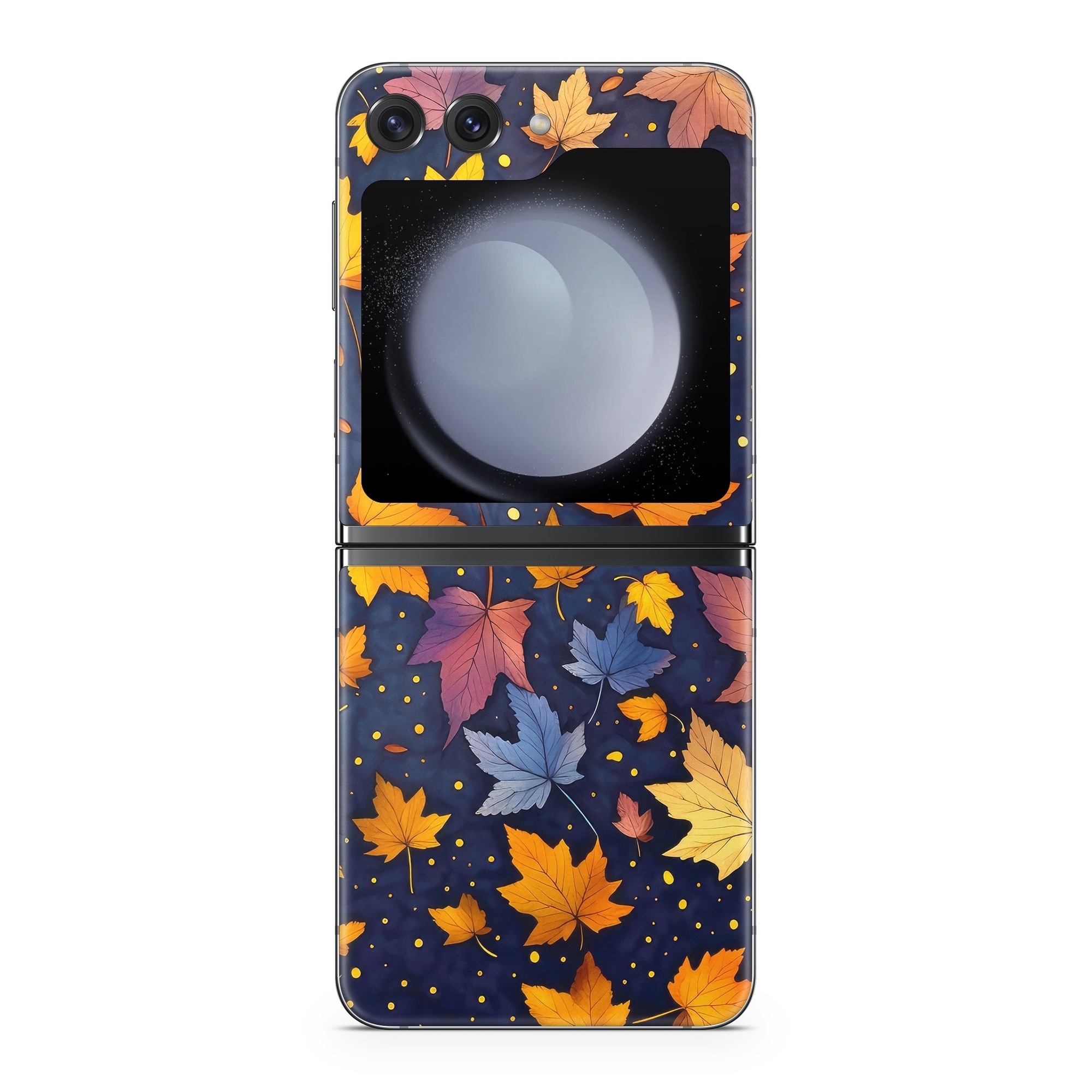 Samsung Galaxy Z Flip5 Skin design of Orange, Line, Pattern, Electric blue, Symmetry, Groundcover, Flowering plant, Design, Flower, Art, with yellow, orange, red, black, blue, purple colors