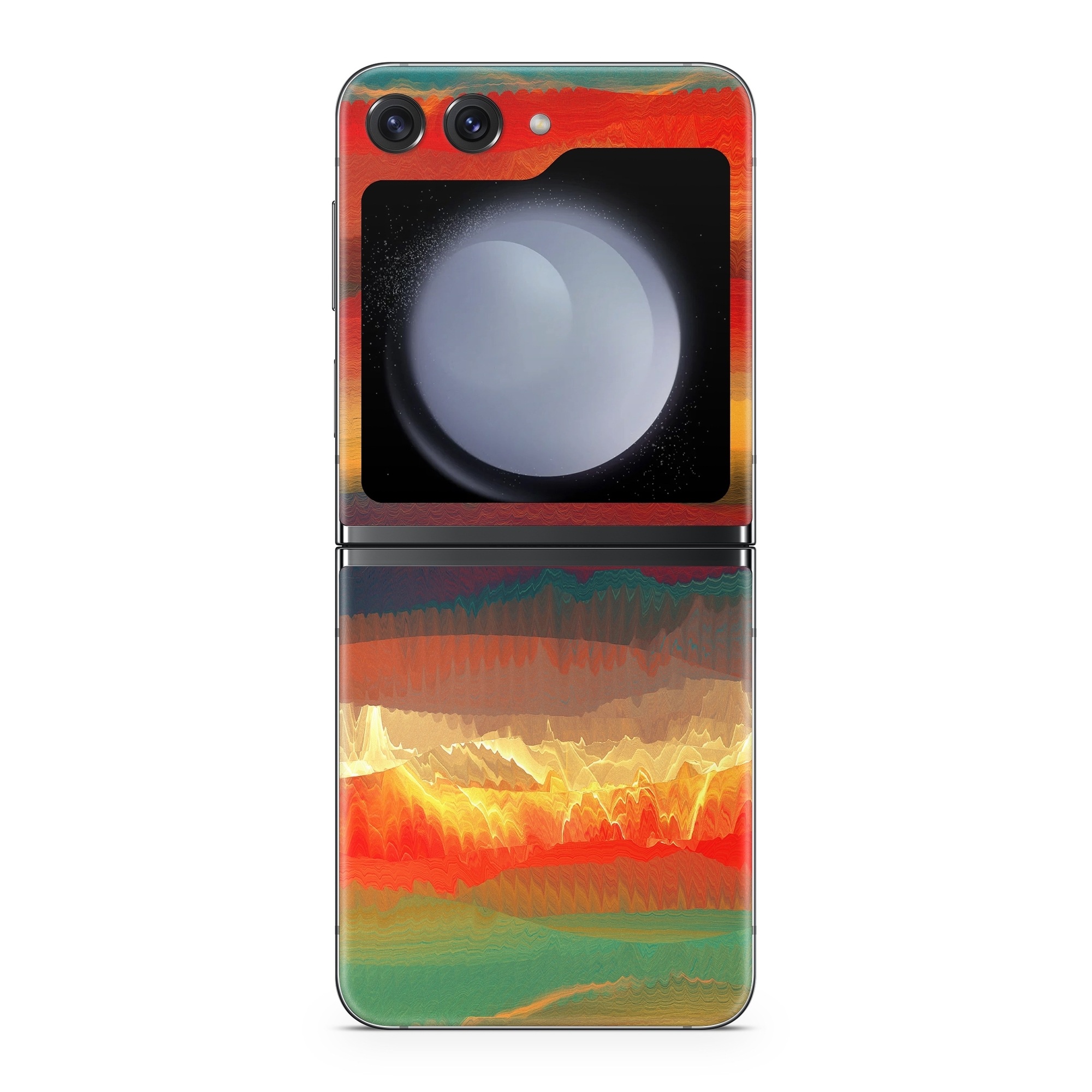 Samsung Galaxy Z Flip5 Skin design of Sky, Red, Horizon, Afterglow, Orange, Painting, Acrylic paint, Watercolor paint, Sunset, Geological phenomenon, with red, blue, green, yellow, orange, white colors