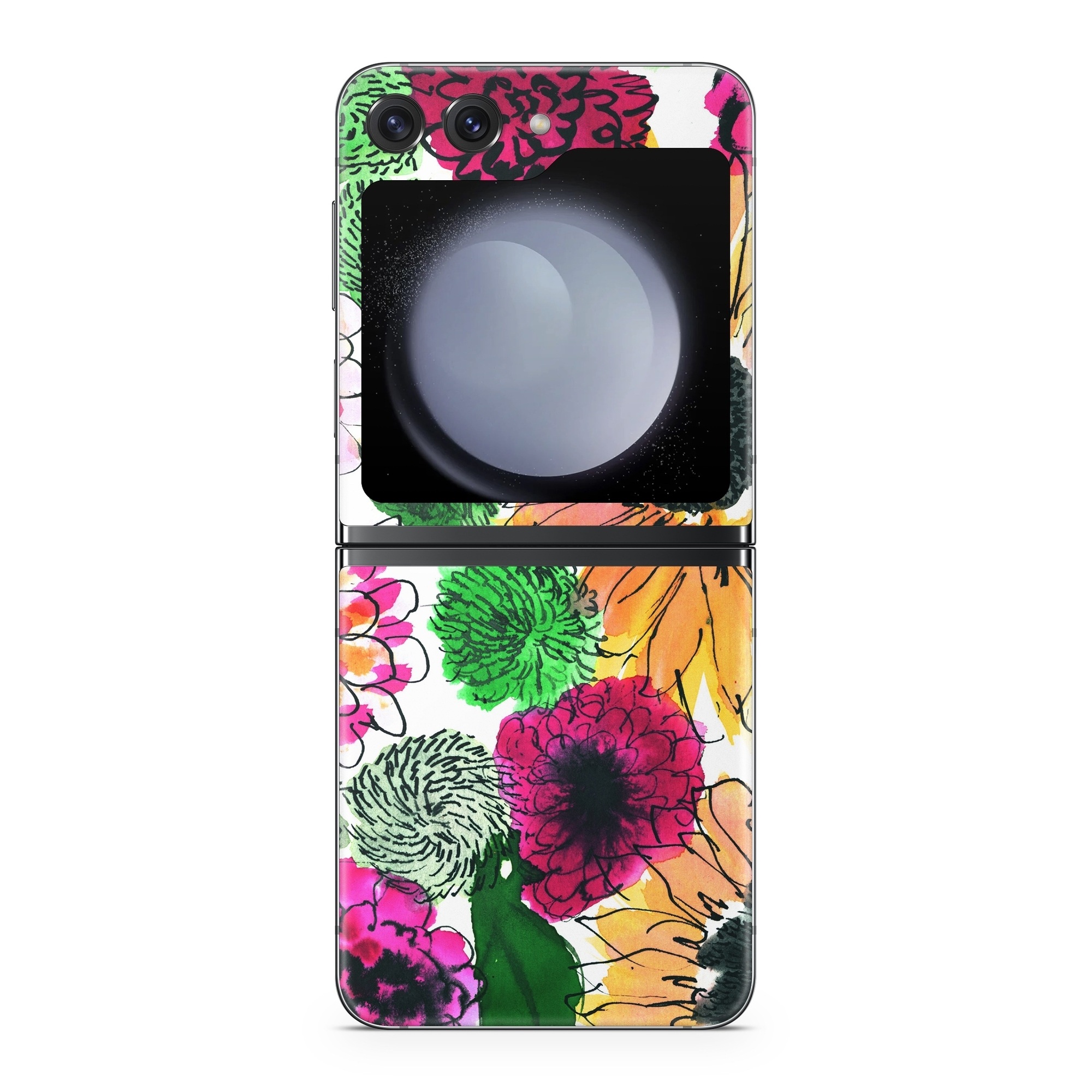 Samsung Galaxy Z Flip5 Skin design of Flower, Floral design, Plant, Gazania, african daisy, Petal, Pattern, Botany, Wildflower, Design, with red, yellow, green, pink, black colors