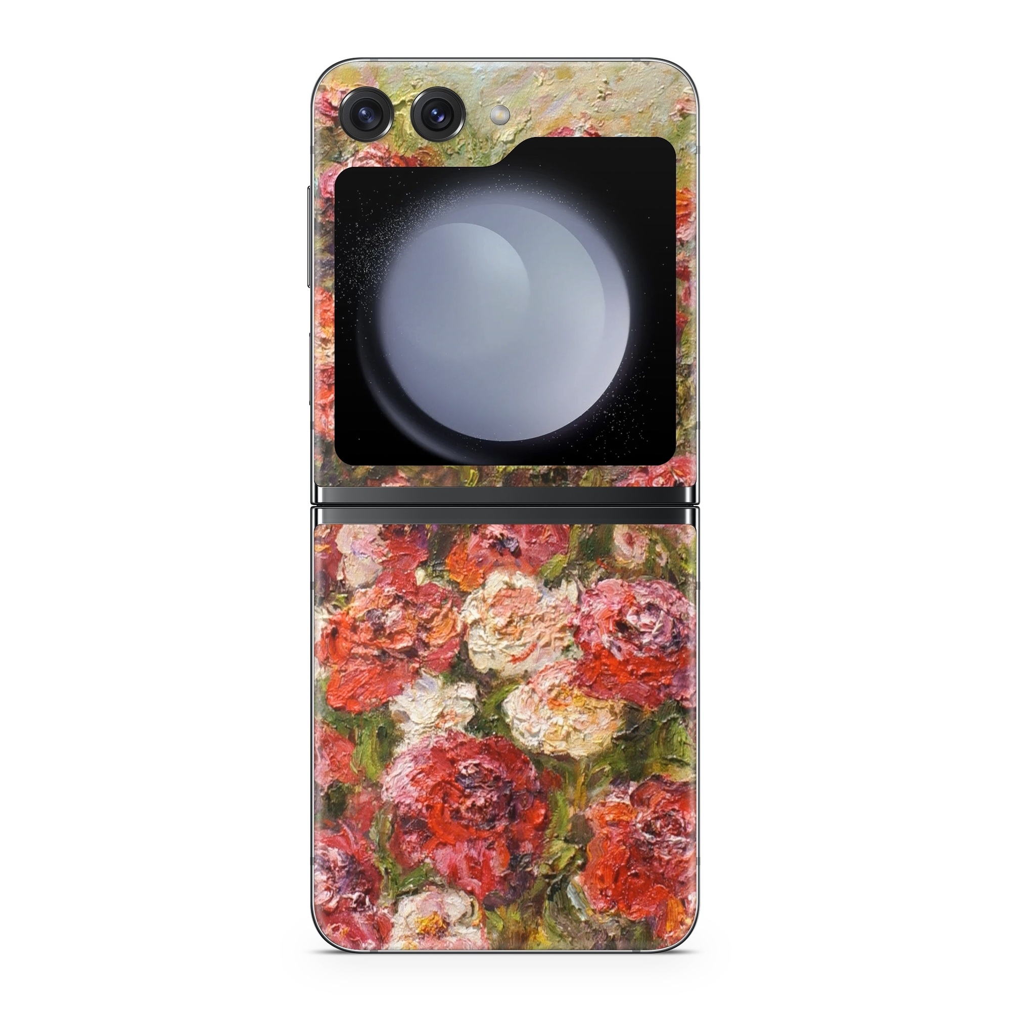 Samsung Galaxy Z Flip5 Skin design of Flower, Garden roses, Rose, Plant, Floribunda, Flowering plant, Rosa × centifolia, Rose family, Botany, Petal, with red, black, green, gray colors