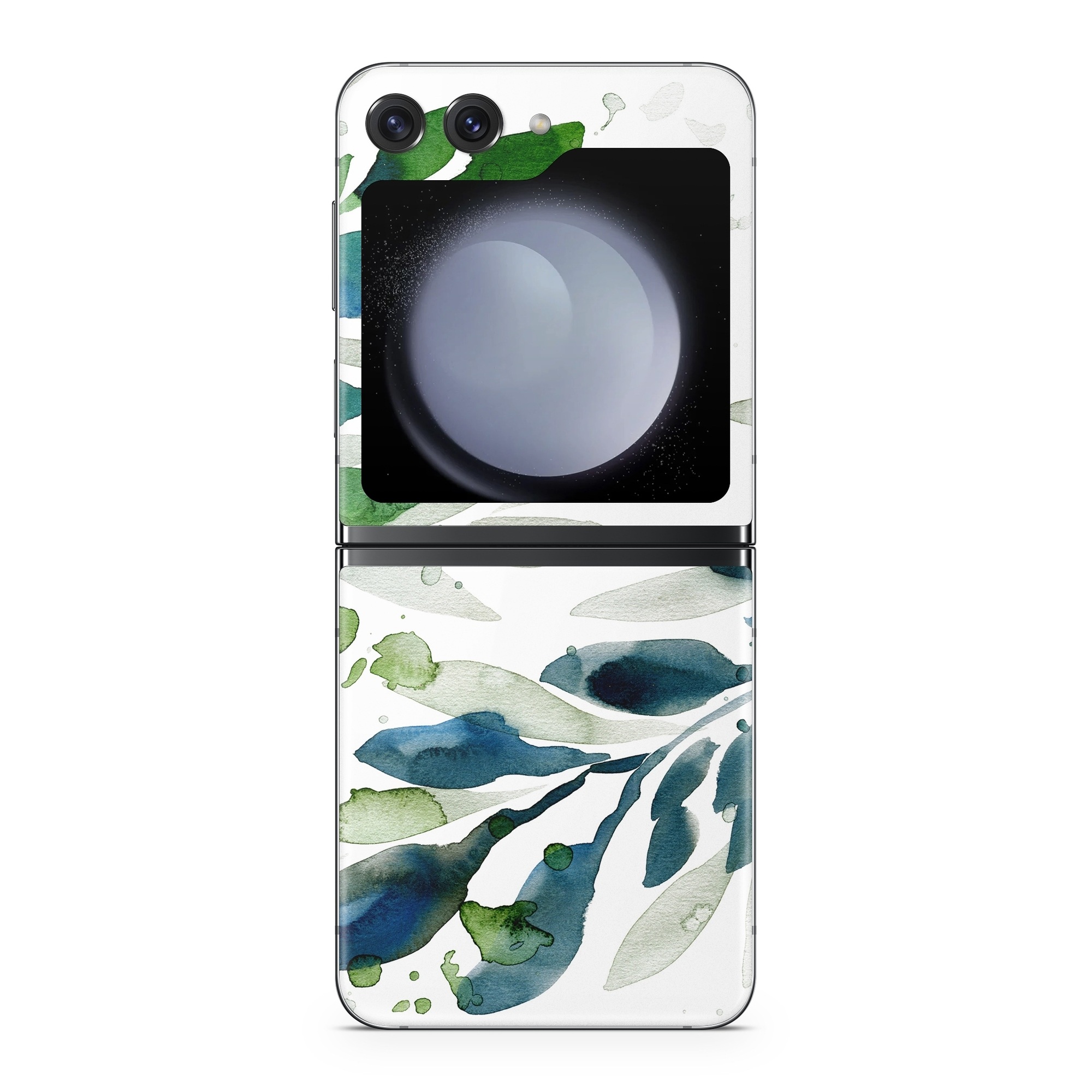 Samsung Galaxy Z Flip5 Skin design of Leaf, Branch, Plant, Tree, Botany, Flower, Design, Eucalyptus, Pattern, Watercolor paint, with white, blue, green, gray colors