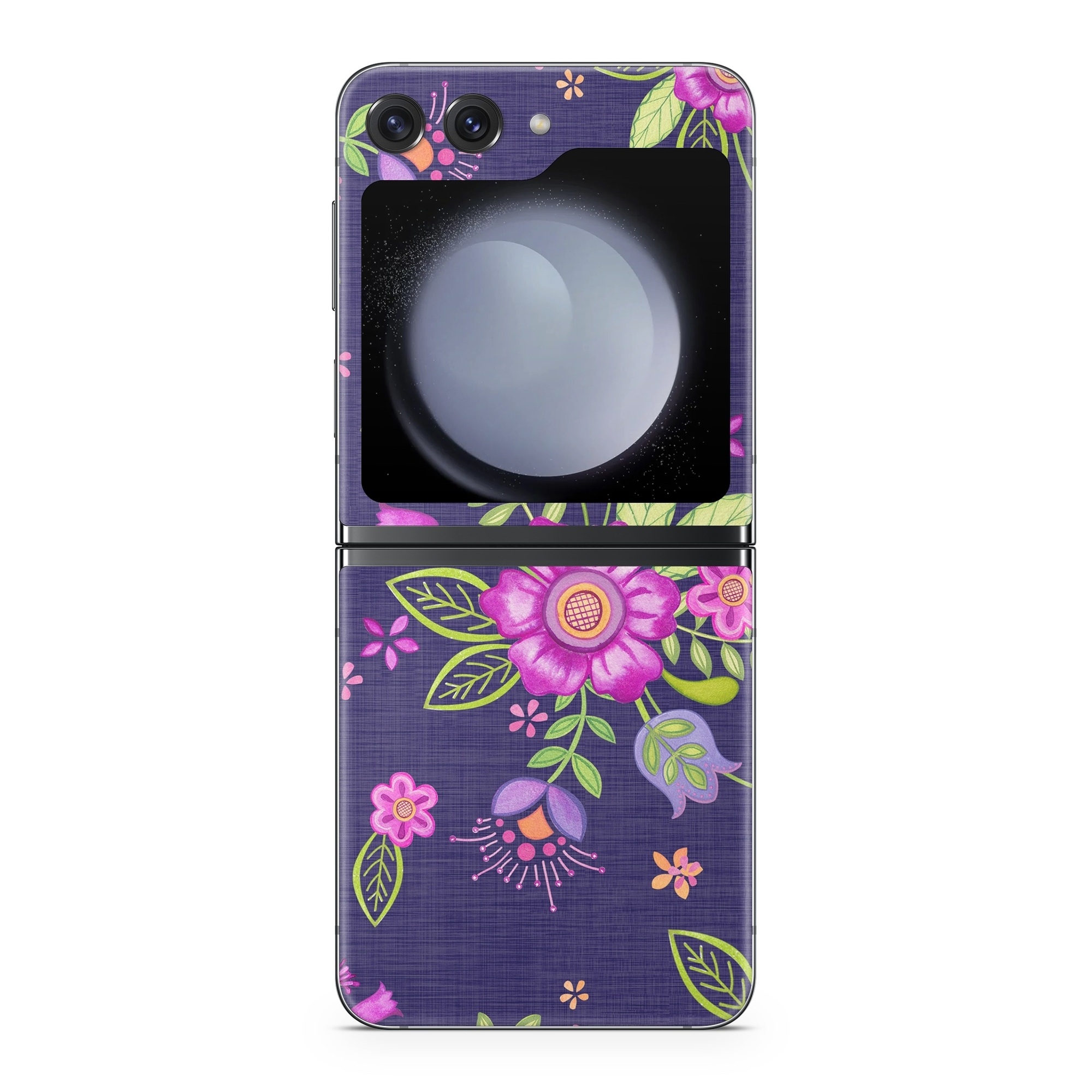 Samsung Galaxy Z Flip5 Skin design of Pink, Pattern, Magenta, Purple, Violet, Floral design, Lilac, Textile, Visual arts, Pedicel, with black, gray, purple, green, blue colors