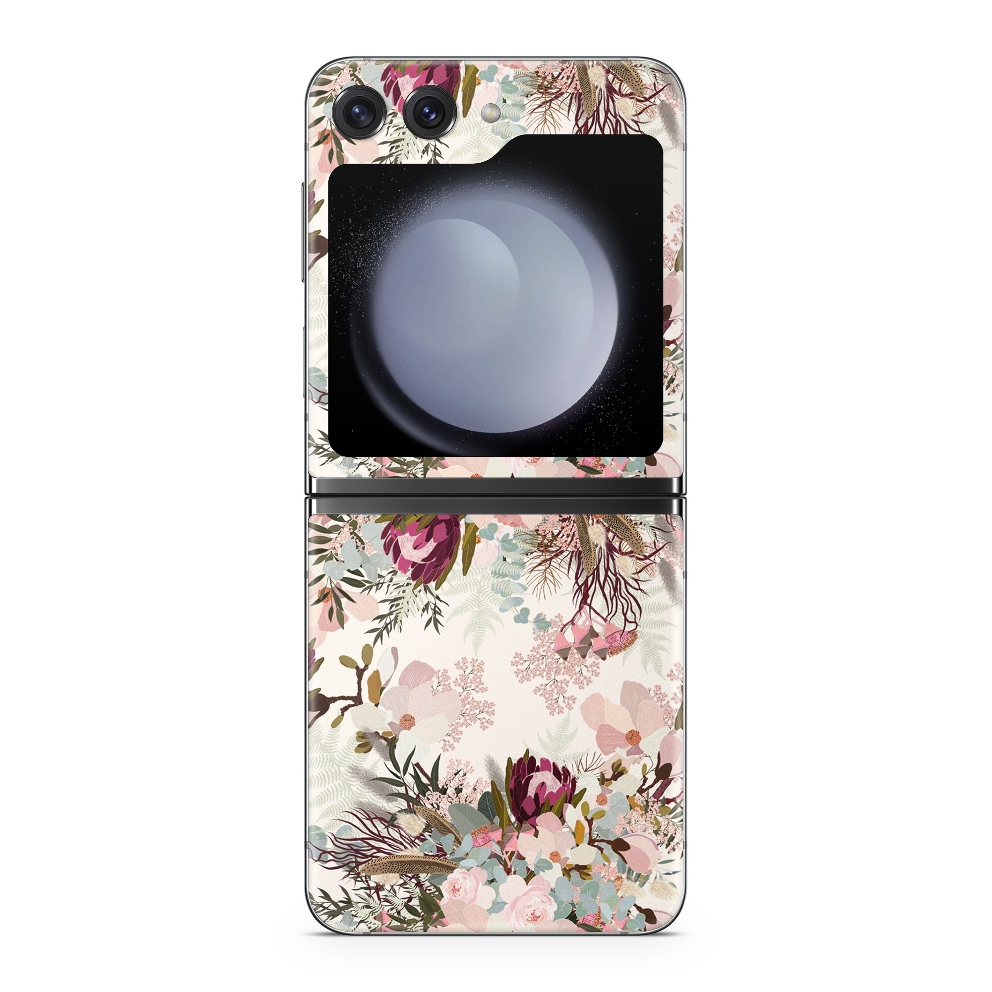Samsung Galaxy Z Flip5 Skin design of Pink, Pattern, Lilac, Flower, Plant, Petal, Floral design, Textile, Design, Blossom, with white, red, pink, blue, brown colors