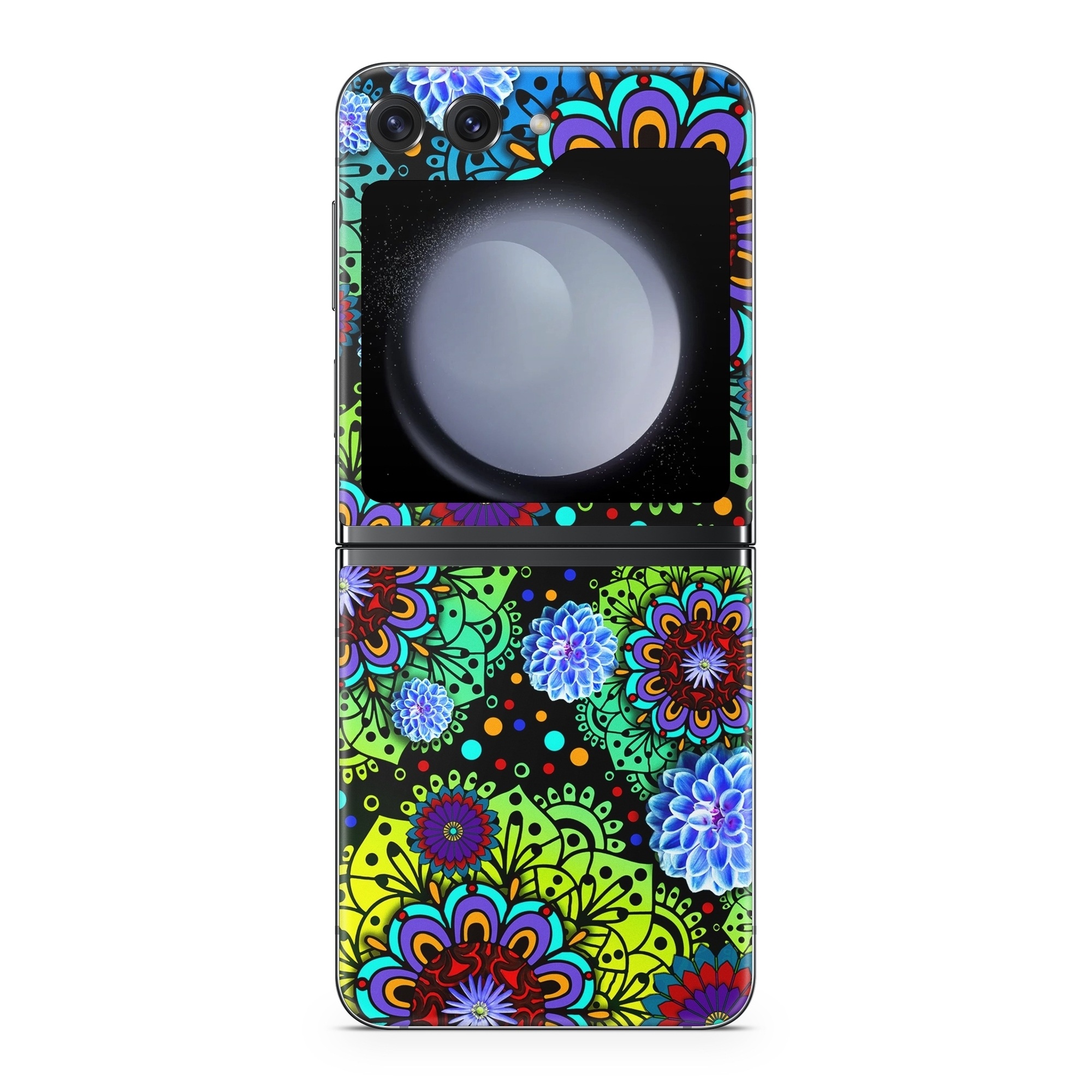 Samsung Galaxy Z Flip5 Skin design of Pattern, Psychedelic art, Design, Flower, Art, Visual arts, Floral design, Plant, Textile, Symmetry, with black, blue, green, purple colors