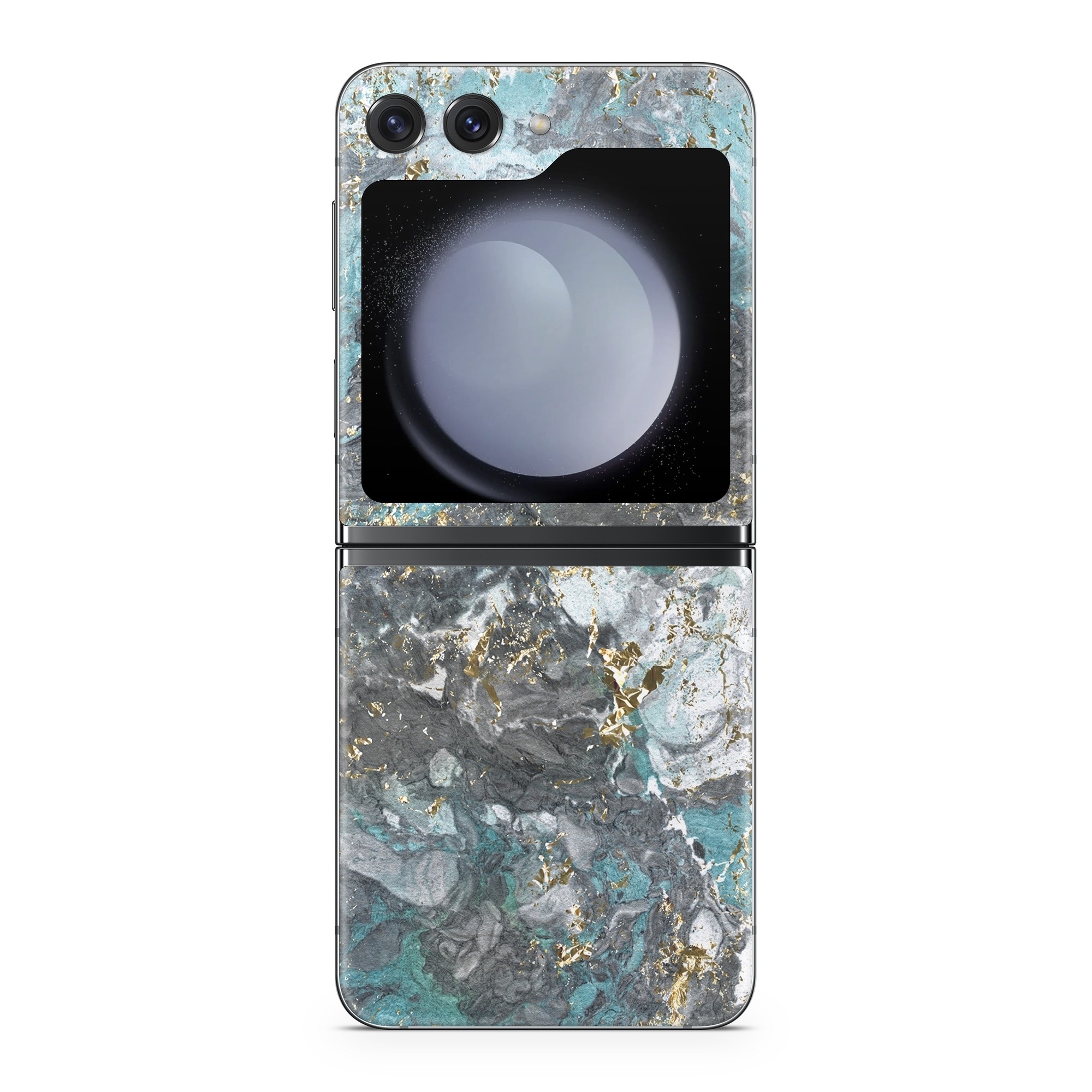 Samsung Galaxy Z Flip5 Skin design of Blue, Turquoise, Green, Aqua, Teal, Geology, Rock, Painting, Pattern, with black, white, gray, green, blue colors