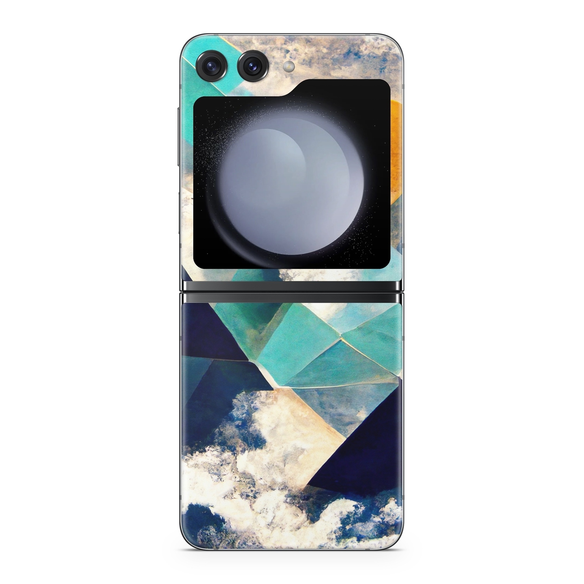 Samsung Galaxy Z Flip5 Skin design of Daytime, World, Nature, Blue, Azure, Green, Triangle, Rectangle, Architecture, Art, with blue, yellow, white, green colors