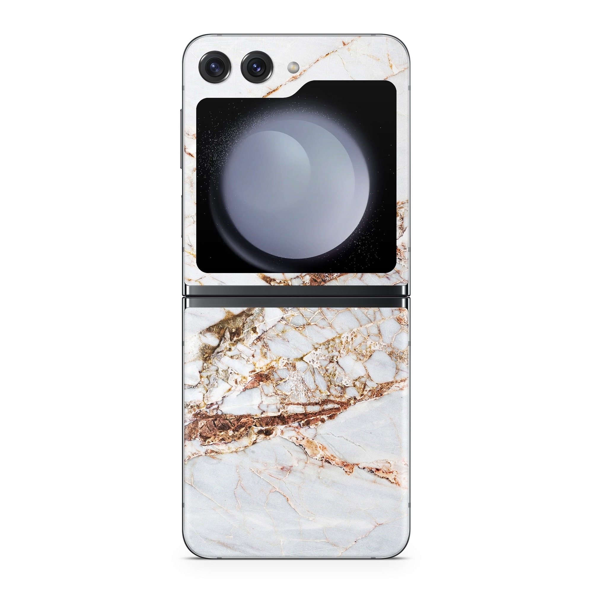 Samsung Galaxy Z Flip5 Skin design of White, Branch, Twig, Beige, Marble, Plant, Tile, with white, gray, yellow colors