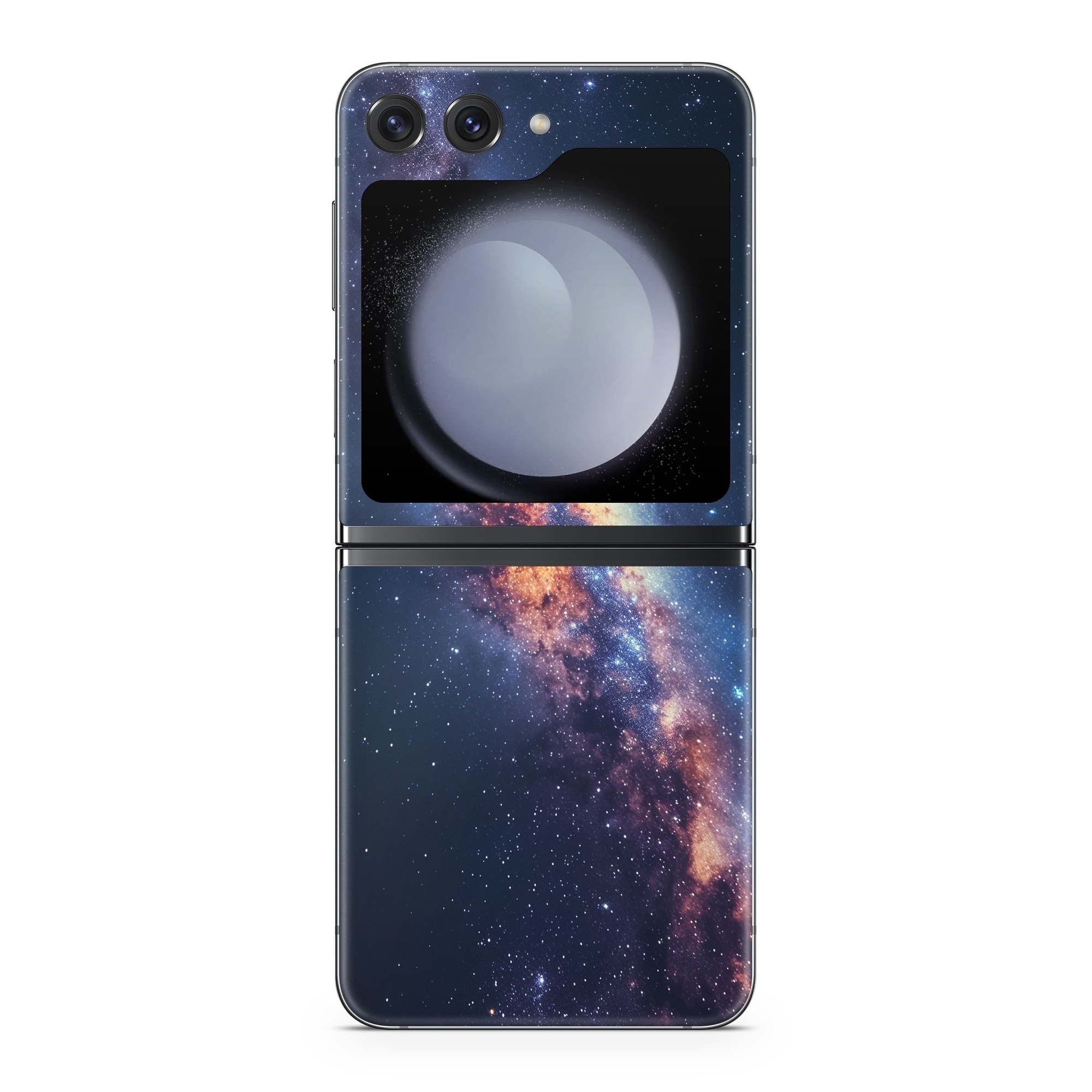 Samsung Galaxy Z Flip5 Skin design of Atmosphere, Sky, Nature, World, Nebula, Galaxy, Astronomical object, Atmospheric phenomenon, Milky way, Star, with black, blue, white, yellow, orange, red, purple, gray colors
