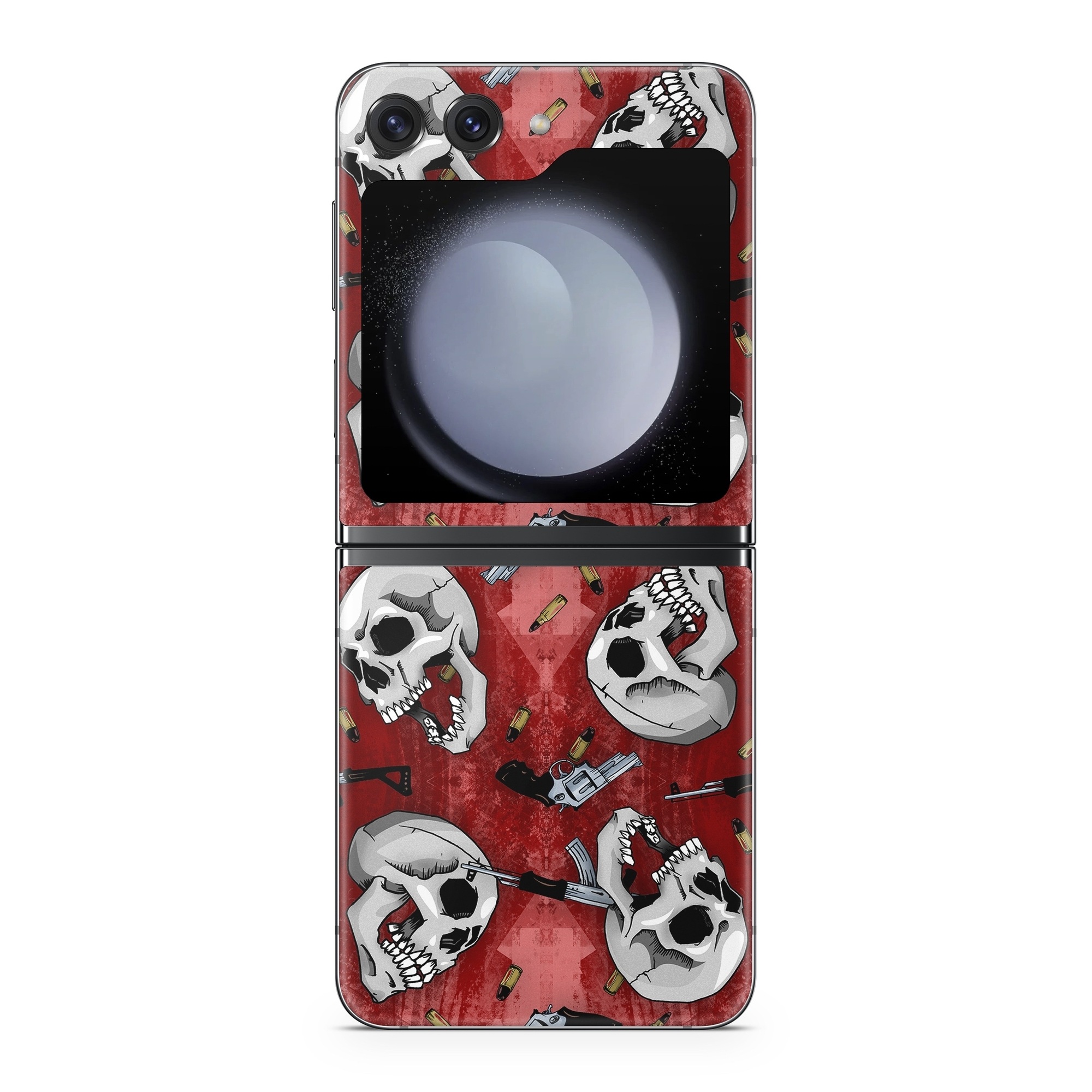 Samsung Galaxy Z Flip5 Skin design of Skull, Red, Bone, Personal protective equipment, Skeleton, Mask, Font, Sports gear, Headgear, Pattern, with black, red, gray colors