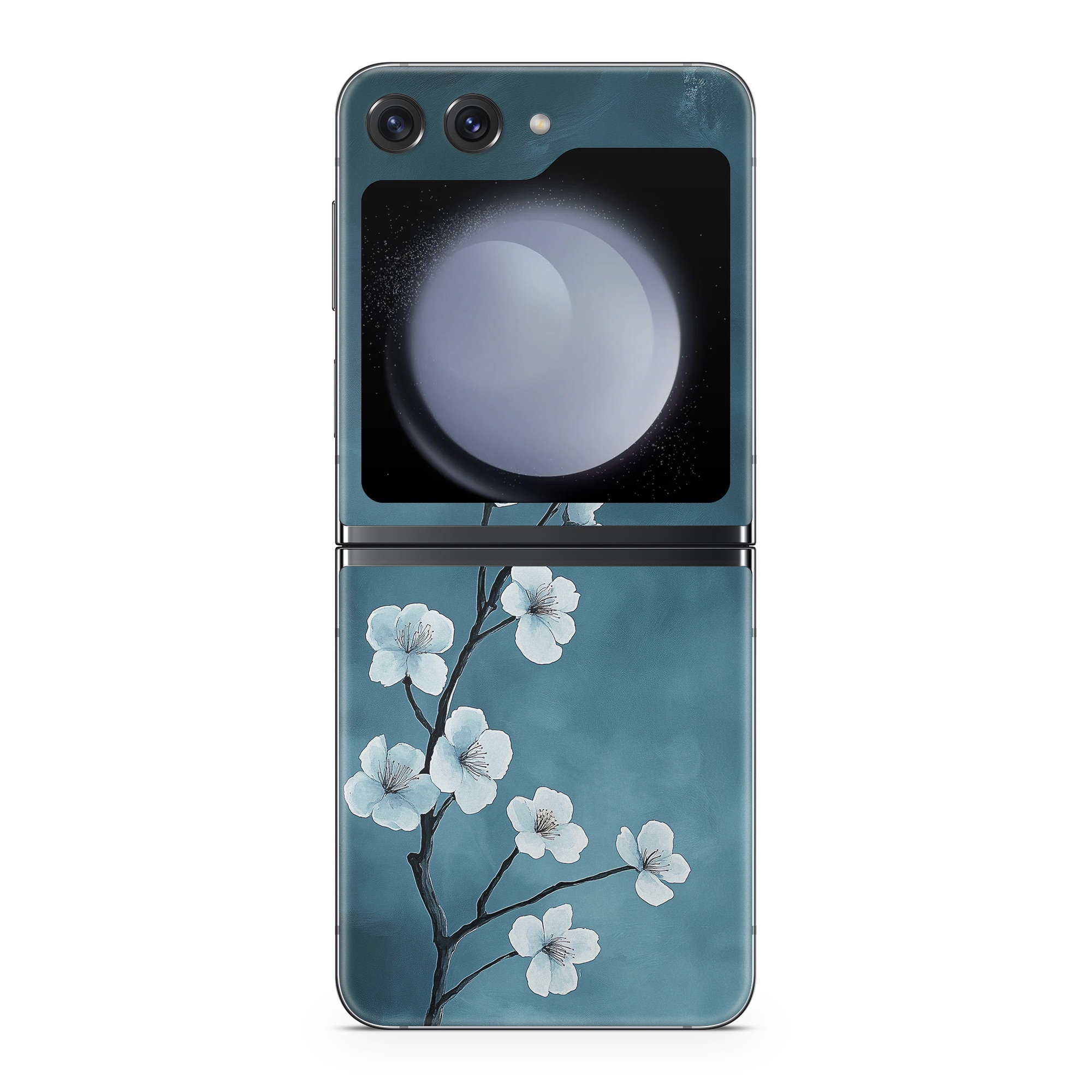 Samsung Galaxy Z Flip5 Skin design of Flower, Nature, Petal, Branch, Twig, Sky, Flowering plant, Cloud, Blossom, Tree, with black, blue, white, gray colors
