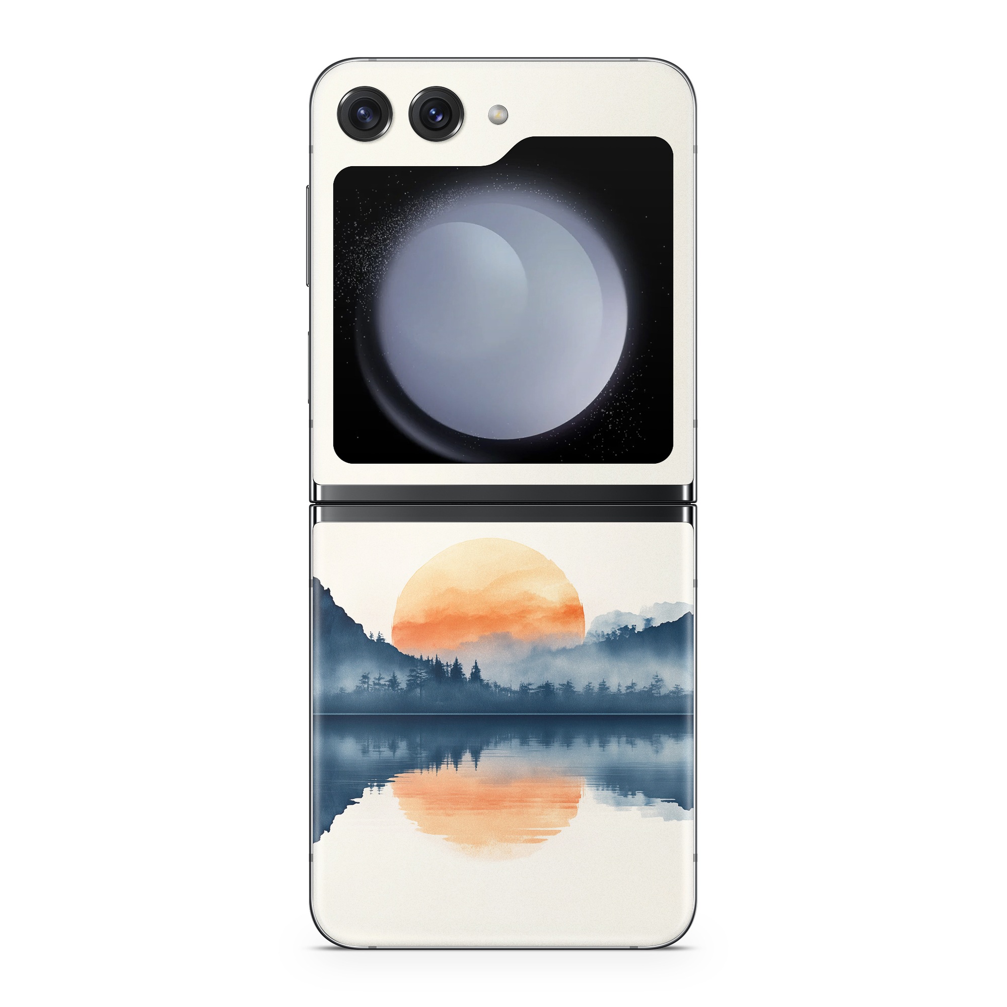 Samsung Galaxy Z Flip5 Skin design of Water, Water resources, Sky, Mountain, Natural landscape, Lake, Atmospheric phenomenon, Landscape, Horizon, Afterglow, with black, blue, white, gray, yellow, orange, red colors