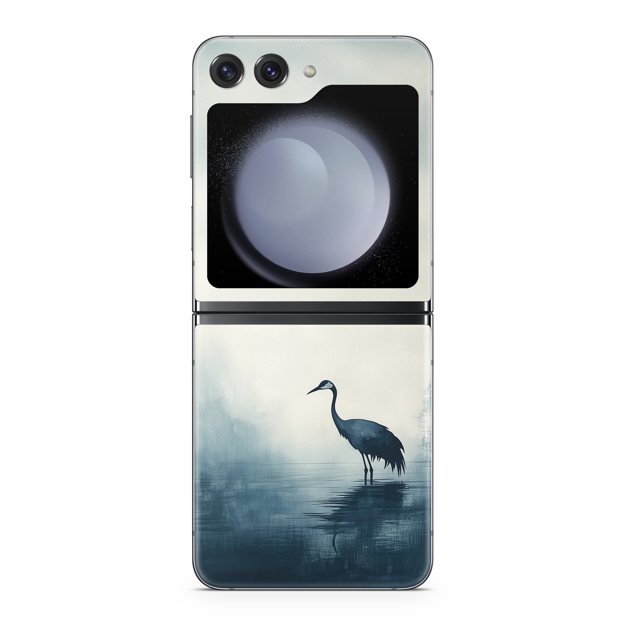 Samsung Galaxy Z Flip5 Skin design of Bird, Water, Beak, Feather, Natural landscape, Pelecaniformes, Sky, Wing, Water bird, Heron, with black, blue, white, gray colors
