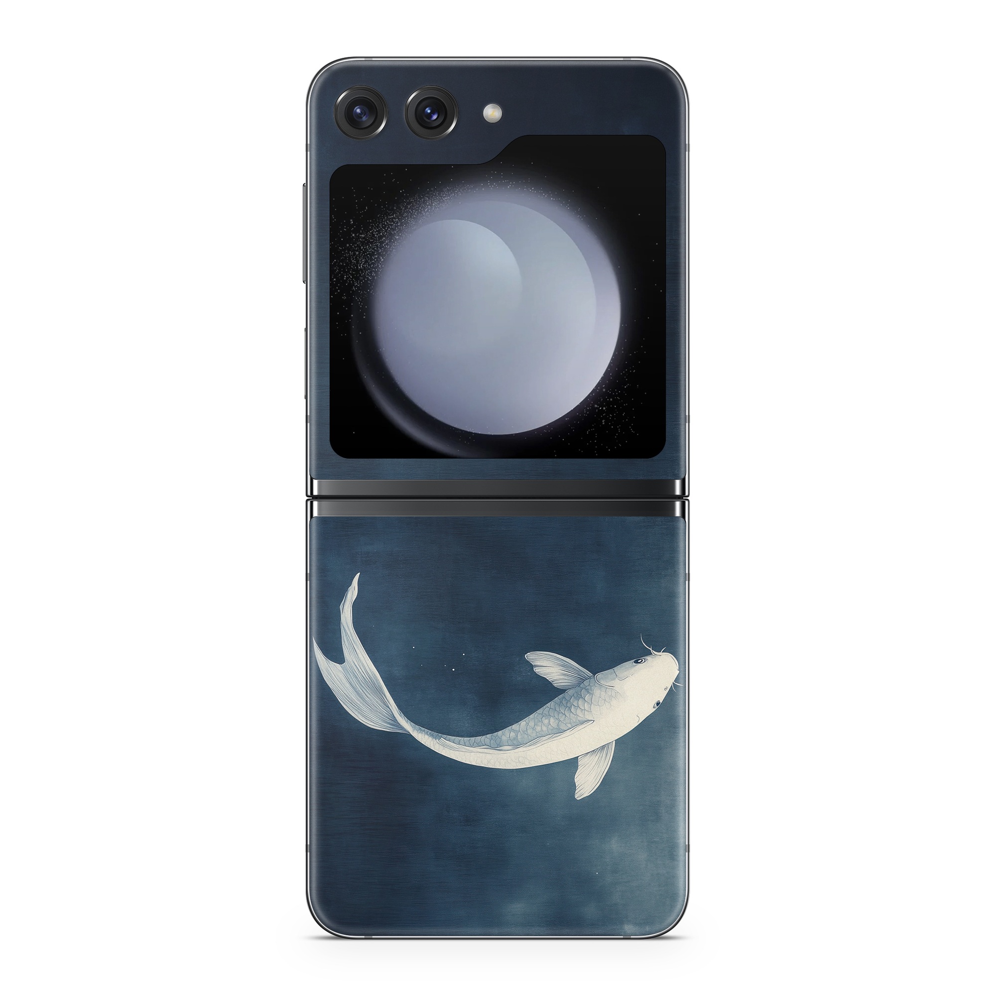 Samsung Galaxy Z Flip5 Skin design of Water, Liquid, Art, Wing, Beak, Feather, Seabird, Electric blue, Fish, Tail, with black, blue, white, gray colors