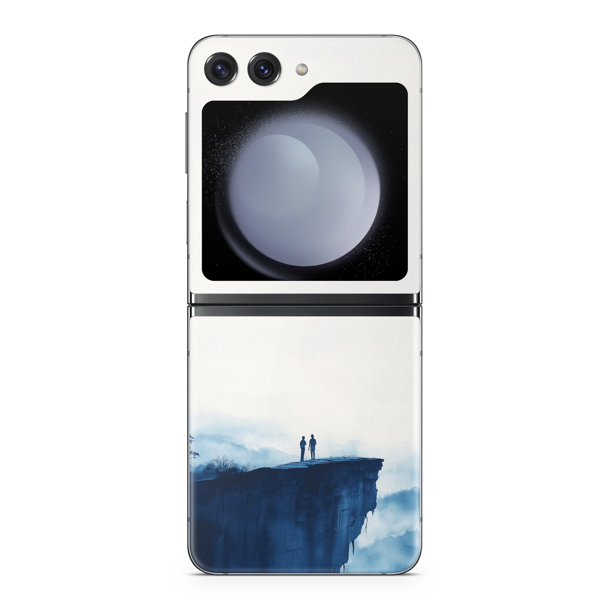 Samsung Galaxy Z Flip5 Skin design of Cloud, Water, Sky, Slope, Mountain, Terrain, People in nature, Horizon, Landscape, Calm, with black, blue, white, gray colors