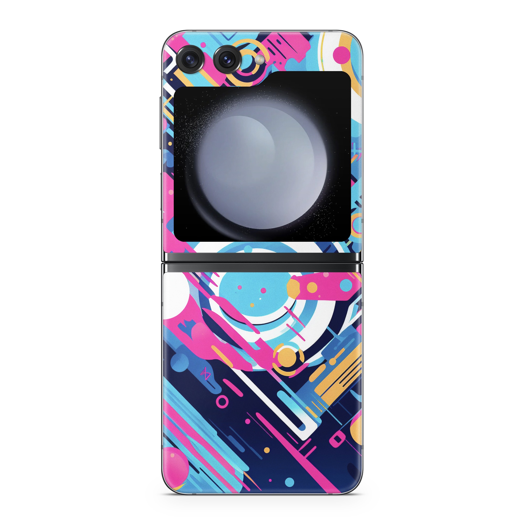 Samsung Galaxy Z Flip5 Skin design of Colorfulness, Font, Line, Material property, Art, Magenta, Pattern, Electric blue, Circle, Graphics, with blue, pink, black, white, orange colors