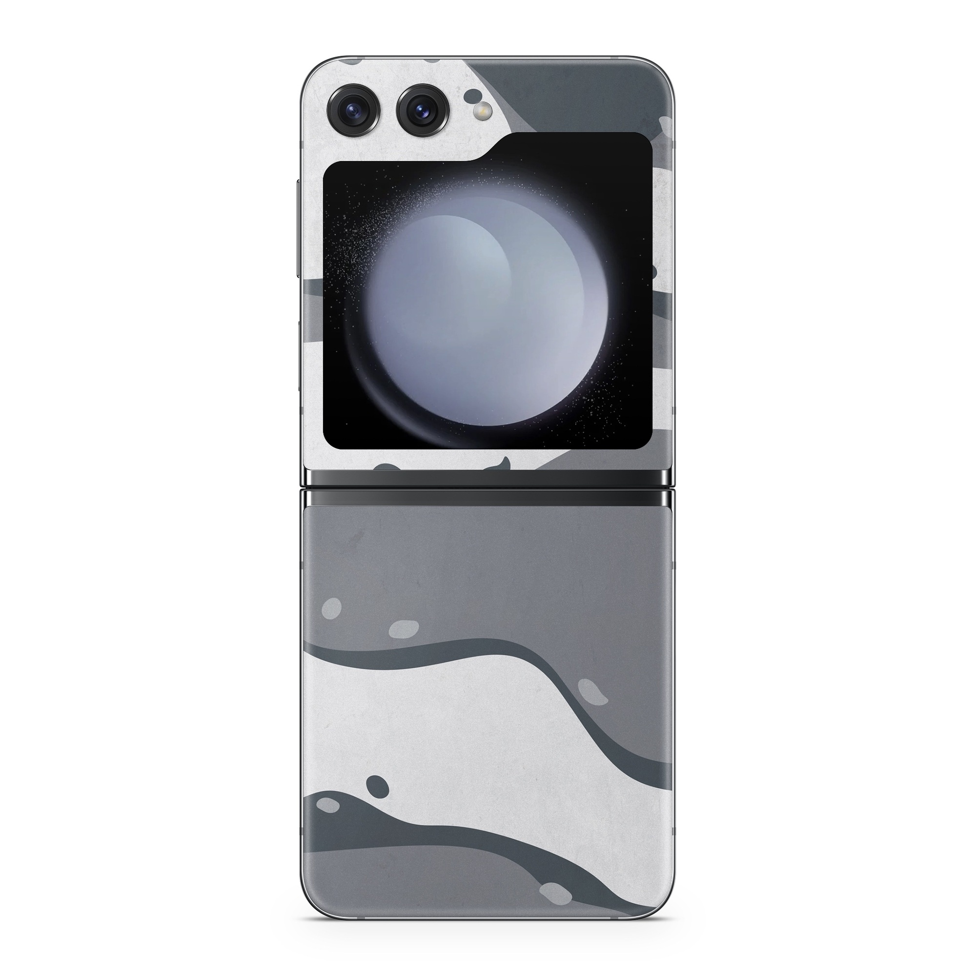 Samsung Galaxy Z Flip5 Skin design of White, Pattern, Water, Design, Illustration, Black-and-white, Metal, Drawing, Style, with black, white, gray colors