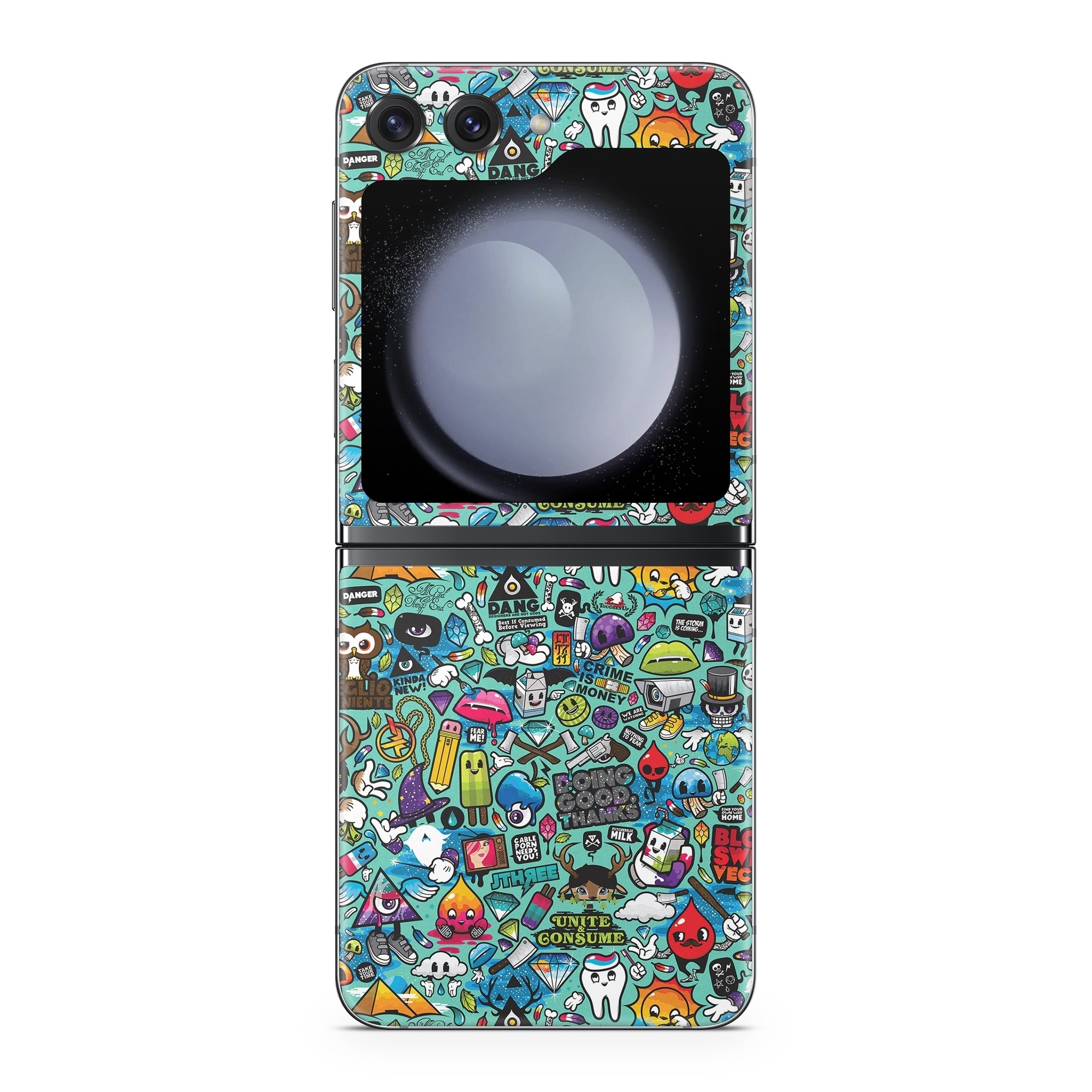 Samsung Galaxy Z Flip5 Skin design of Cartoon, Art, Pattern, Design, Illustration, Visual arts, Doodle, Psychedelic art, with black, blue, gray, red, green colors