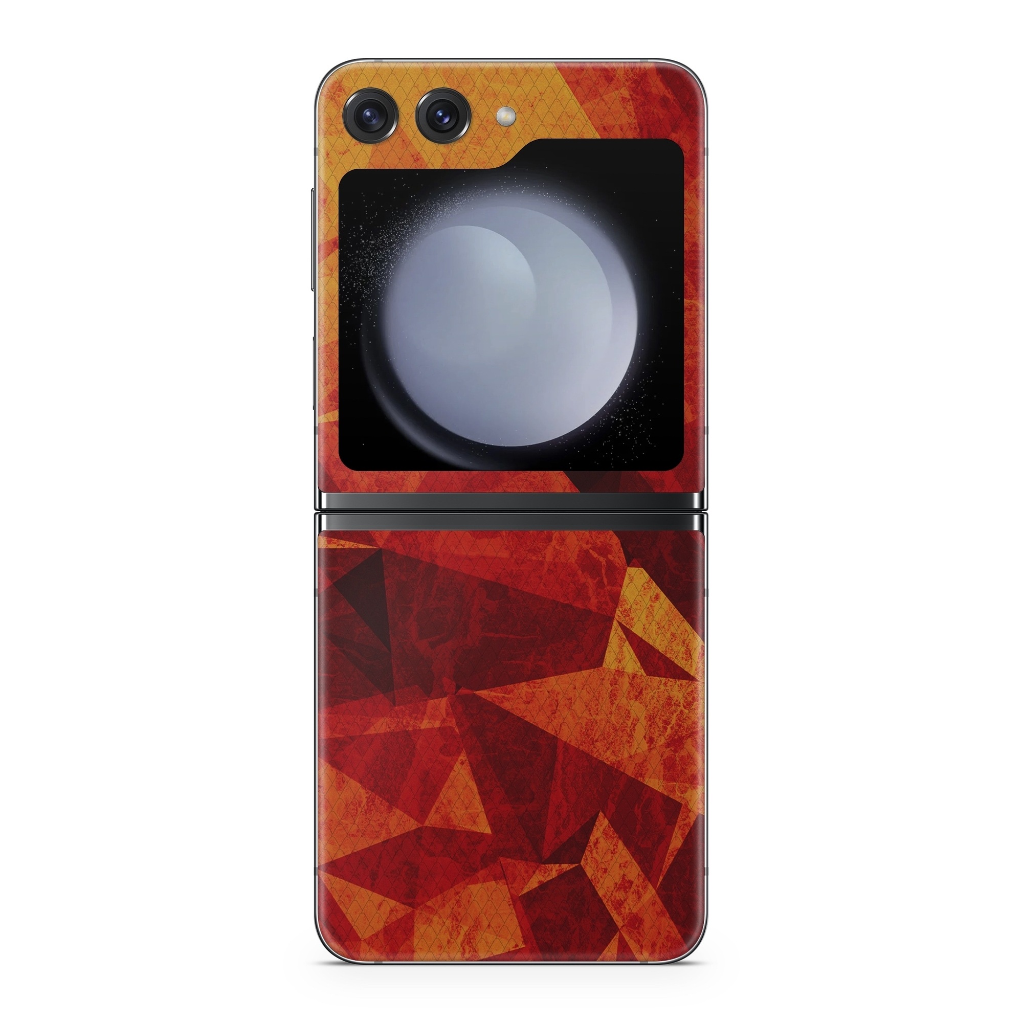 Samsung Galaxy Z Flip5 Skin design of Orange, Red, Yellow, Triangle, Pattern, Amber, Design, Art, Visual arts, Modern art, with black, orange, yellow colors