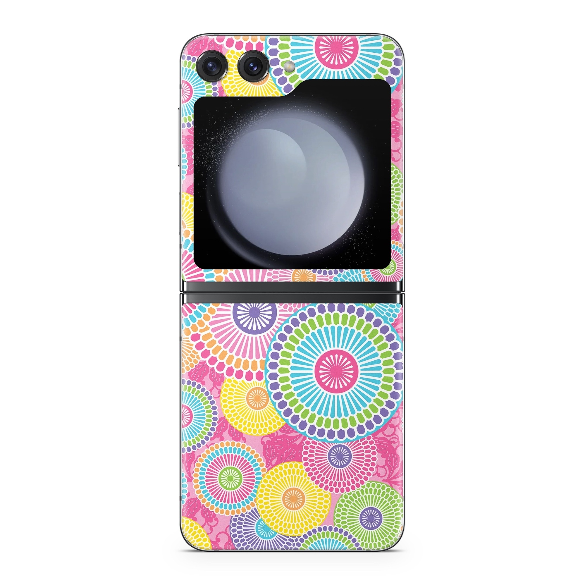 Samsung Galaxy Z Flip5 Skin design of Pattern, Circle, Textile, Design, Visual arts, Wrapping paper, with gray, pink, purple, orange, blue, green colors