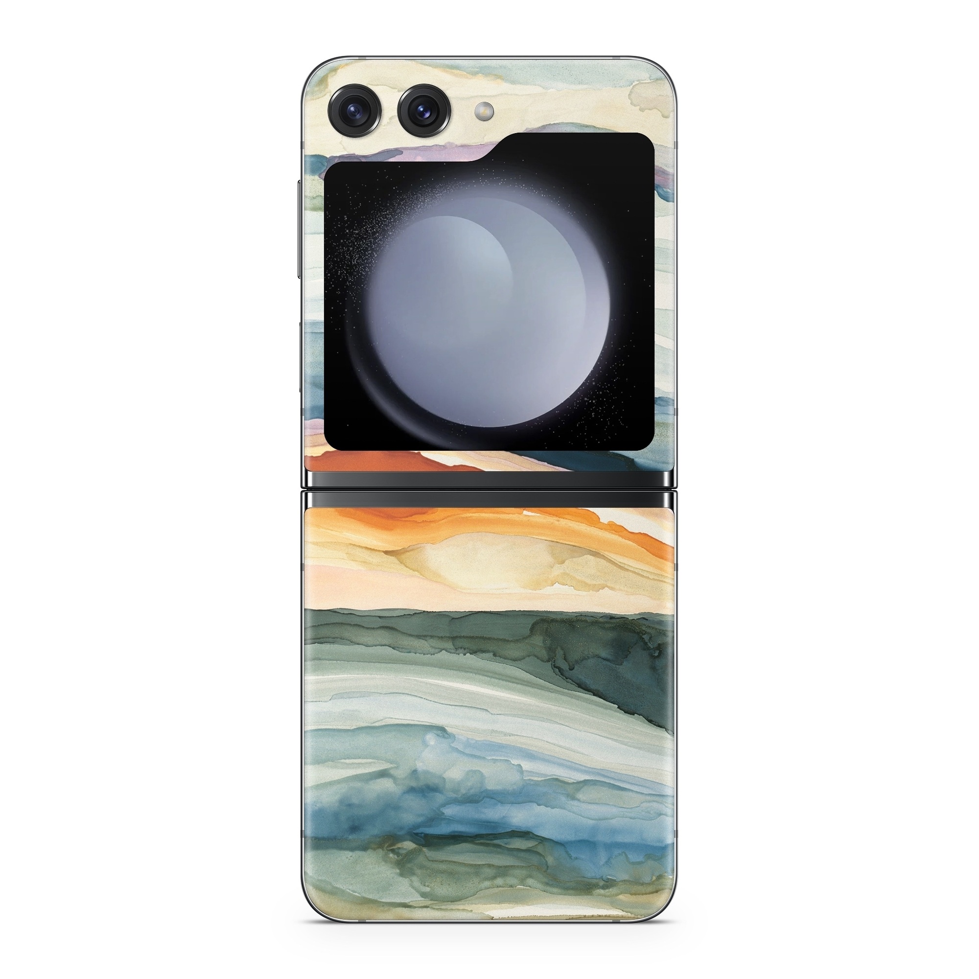 Samsung Galaxy Z Flip5 Skin design of Watercolor paint, Painting, Sky, Wave, Geology, Landscape, Pattern, Acrylic paint, Cloud, Paint, with blue, purple, orange, yellow, red, green, brown colors