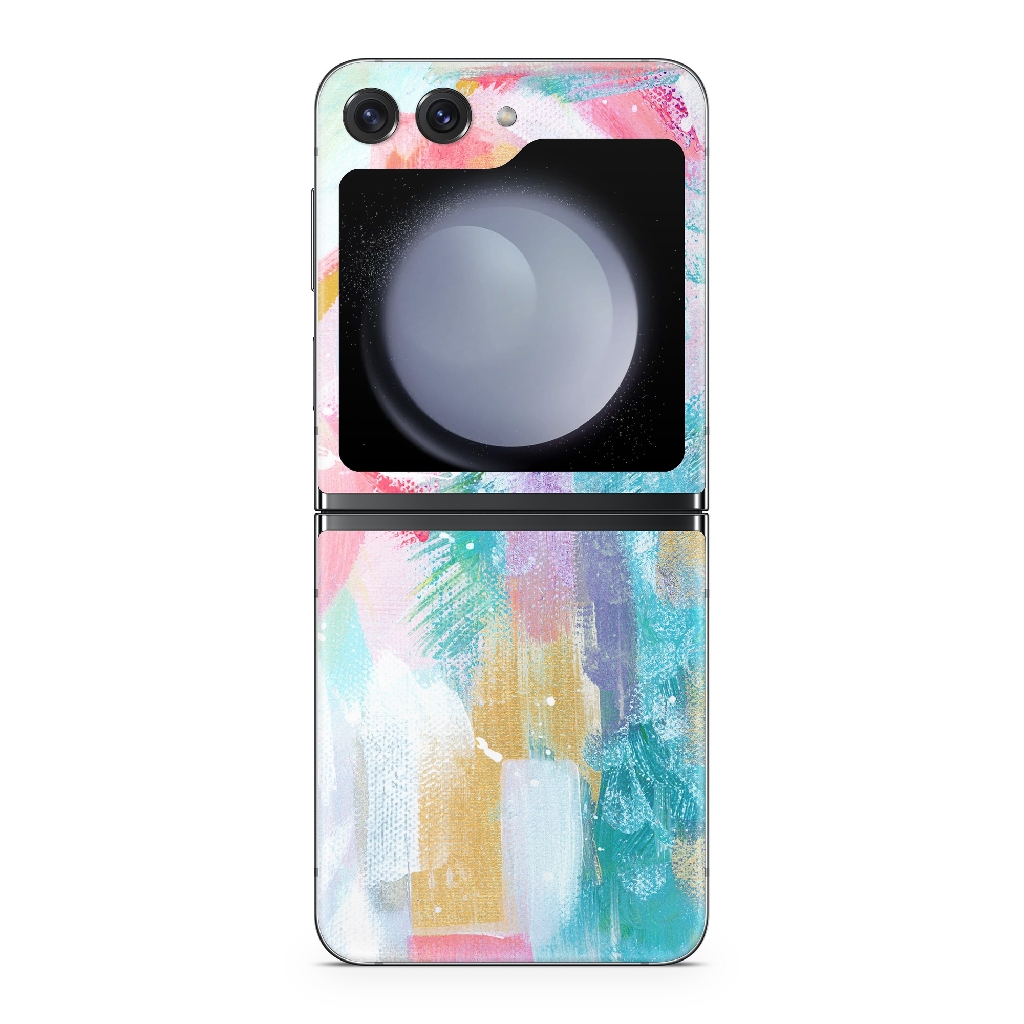Samsung Galaxy Z Flip5 Skin design of Colorfulness, Art paint, Paint, Pink, Creative arts, Art, Aqua, Magenta, Tints and shades, Font, with white, blue, pink, purple, green, yellow colors