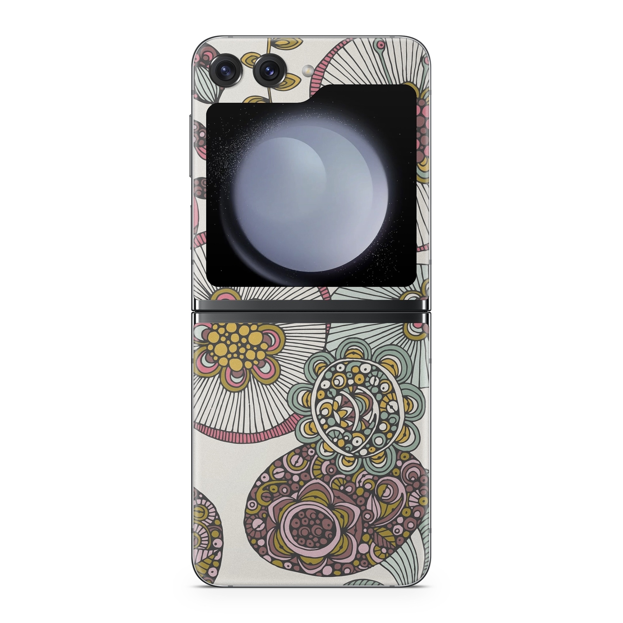 Samsung Galaxy Z Flip5 Skin design of Pattern, Textile, Botany, Visual arts, Motif, Design, Needlework, Circle, Floral design, with gray, pink, green, blue, purple colors