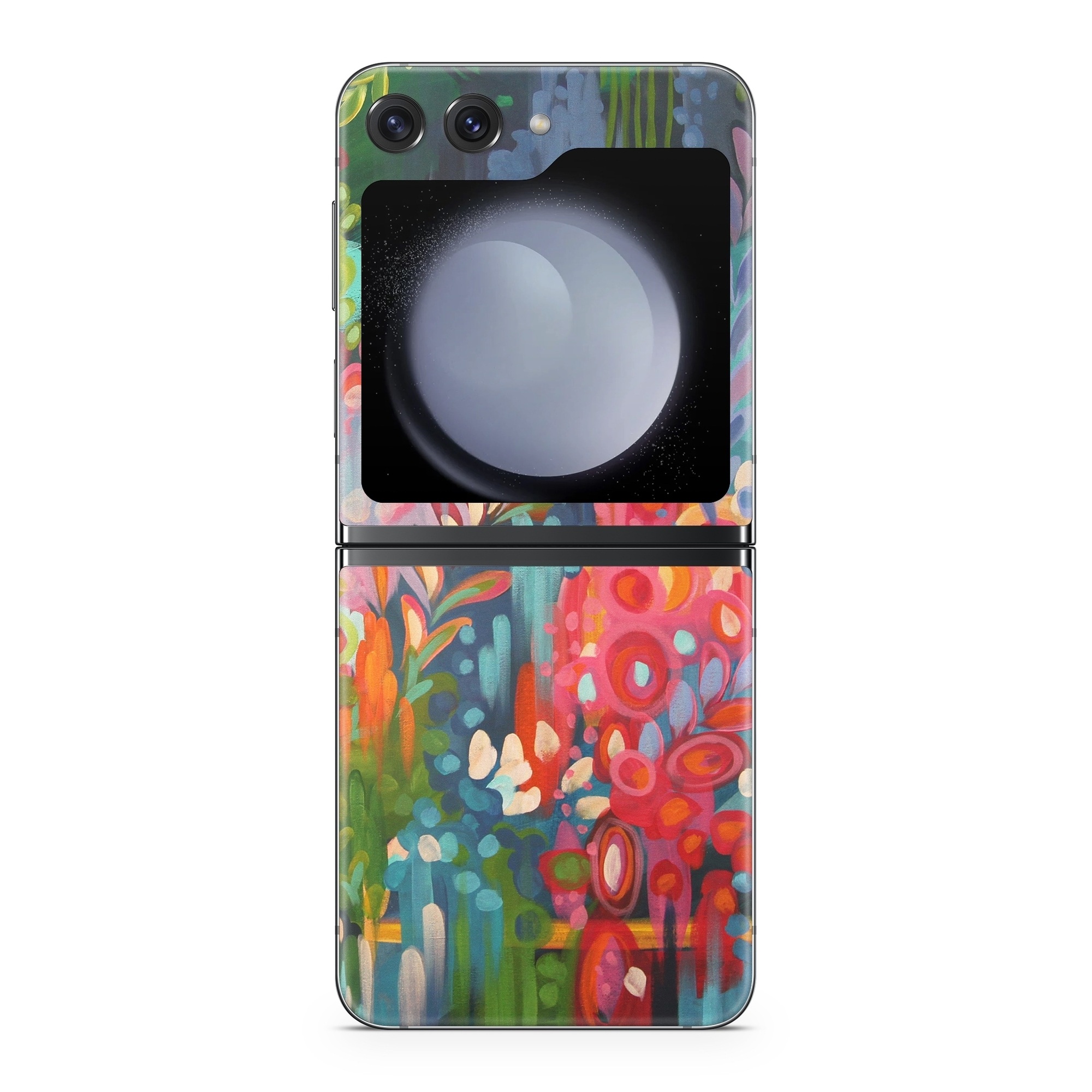 Samsung Galaxy Z Flip5 Skin design of Painting, Modern art, Acrylic paint, Art, Visual arts, Watercolor paint, Child art, Flower, Plant, Tree, with blue, red, orange, purple, yellow, pink, green colors