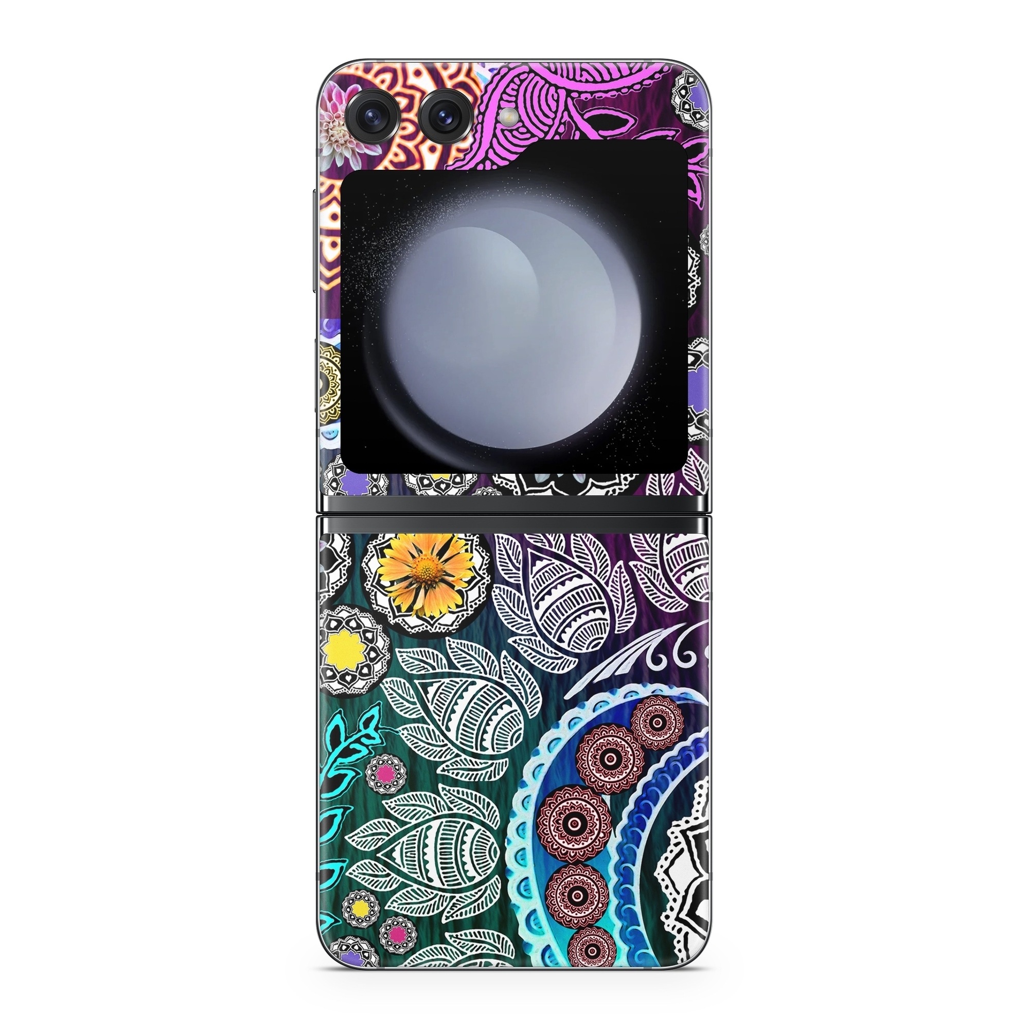 Samsung Galaxy Z Flip5 Skin design of Pattern, Psychedelic art, Art, Visual arts, Design, Floral design, Textile, Motif, Circle, Illustration, with black, gray, purple, blue, green, red colors