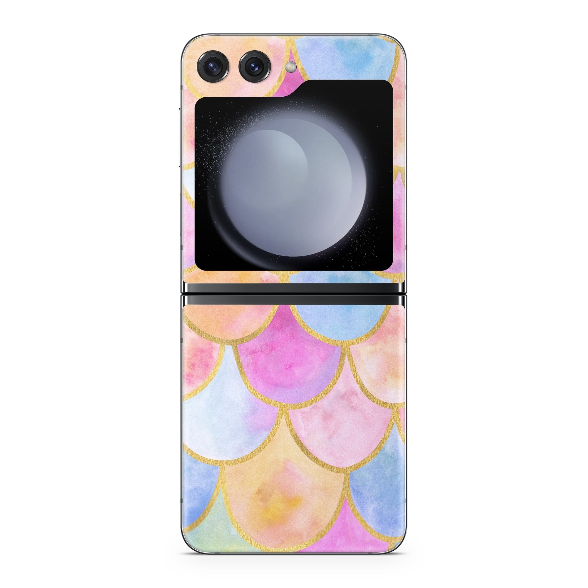 Samsung Galaxy Z Flip5 Skin design of Colorfulness, Natural material, Pink, Art, Line, Magenta, Red, Creative arts, Circle, Pattern, with pink, purple, blue, orange, yellow, white colors