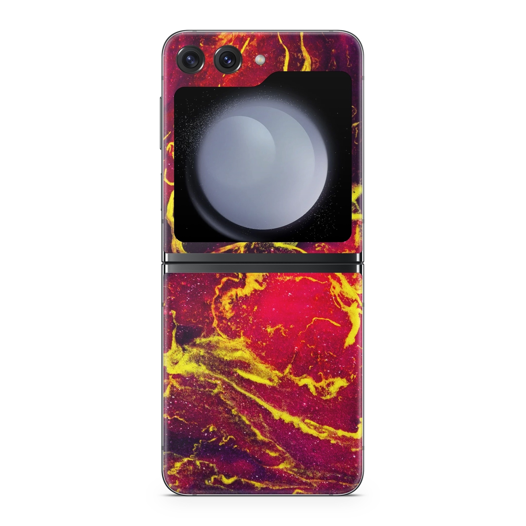 Samsung Galaxy Z Flip5 Skin design of Red, Purple, Geological phenomenon, Pattern, Fractal art, Art, Fictional character, Graphics, with red, yellow, black colors