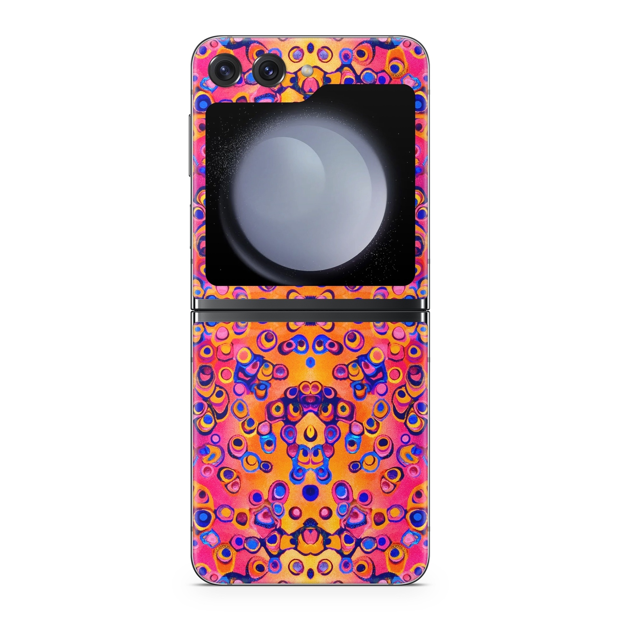 Samsung Galaxy Z Flip5 Skin design of Pattern, Psychedelic art, Symmetry, with orange, purple, blue, pink colors