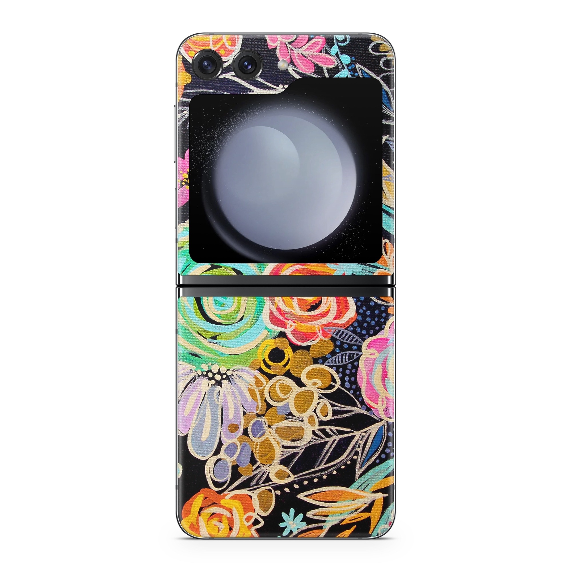 Samsung Galaxy Z Flip5 Skin design of Pattern, Floral design, Design, Textile, Visual arts, Art, Graphic design, Psychedelic art, Plant, with black, gray, green, red, blue colors