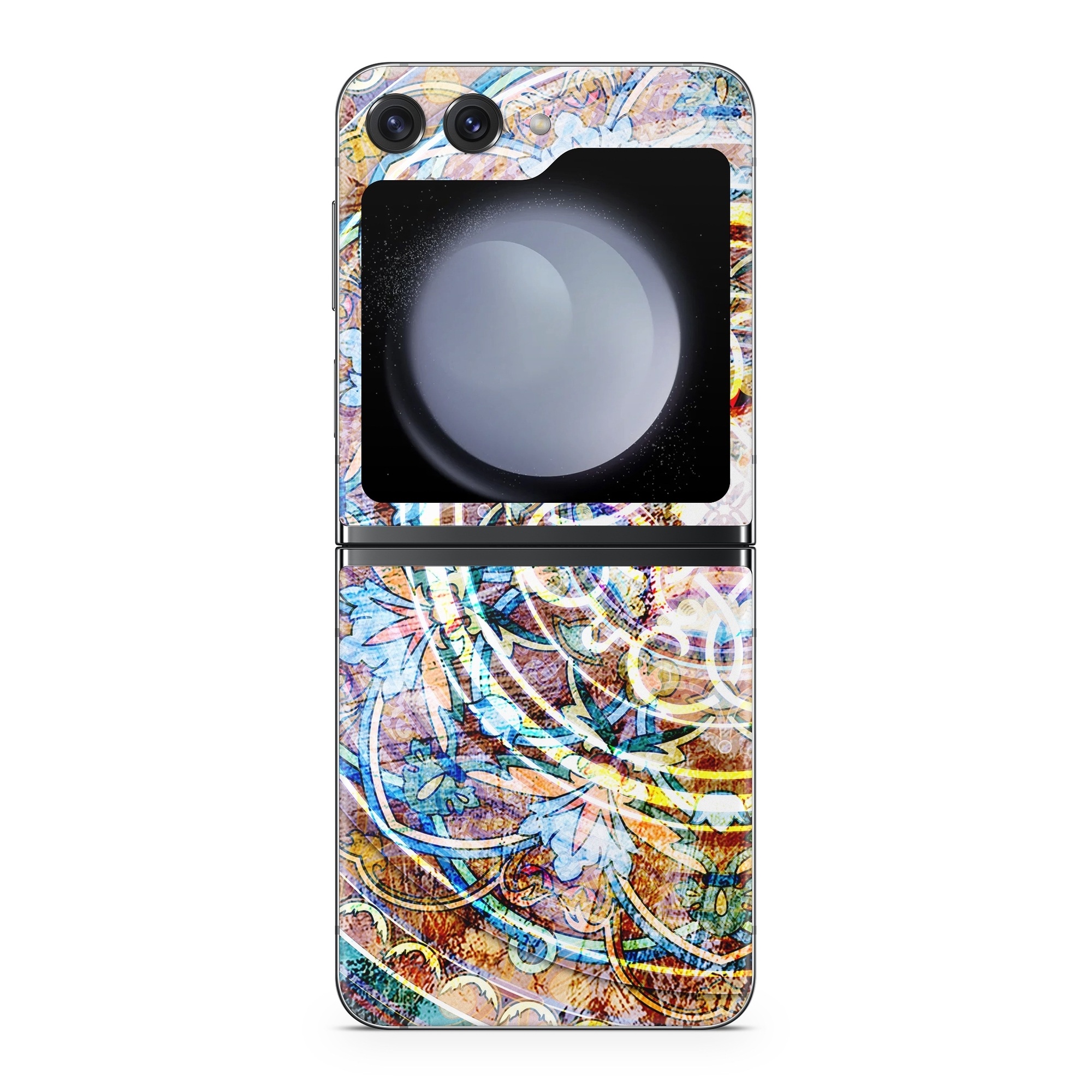 Samsung Galaxy Z Flip5 Skin design of Circle, Ceramic, Tableware, with yellow, red, orange, white, blue, green, gray colors