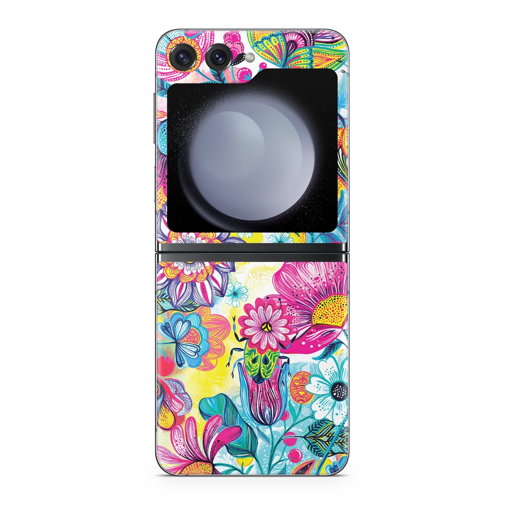 Samsung Galaxy Z Flip5 Skin design of Pattern, Floral design, Textile, Design, Flower, Wildflower, Visual arts, Plant, Wrapping paper, with blue, pink, purple, green, yellow, orange, white colors
