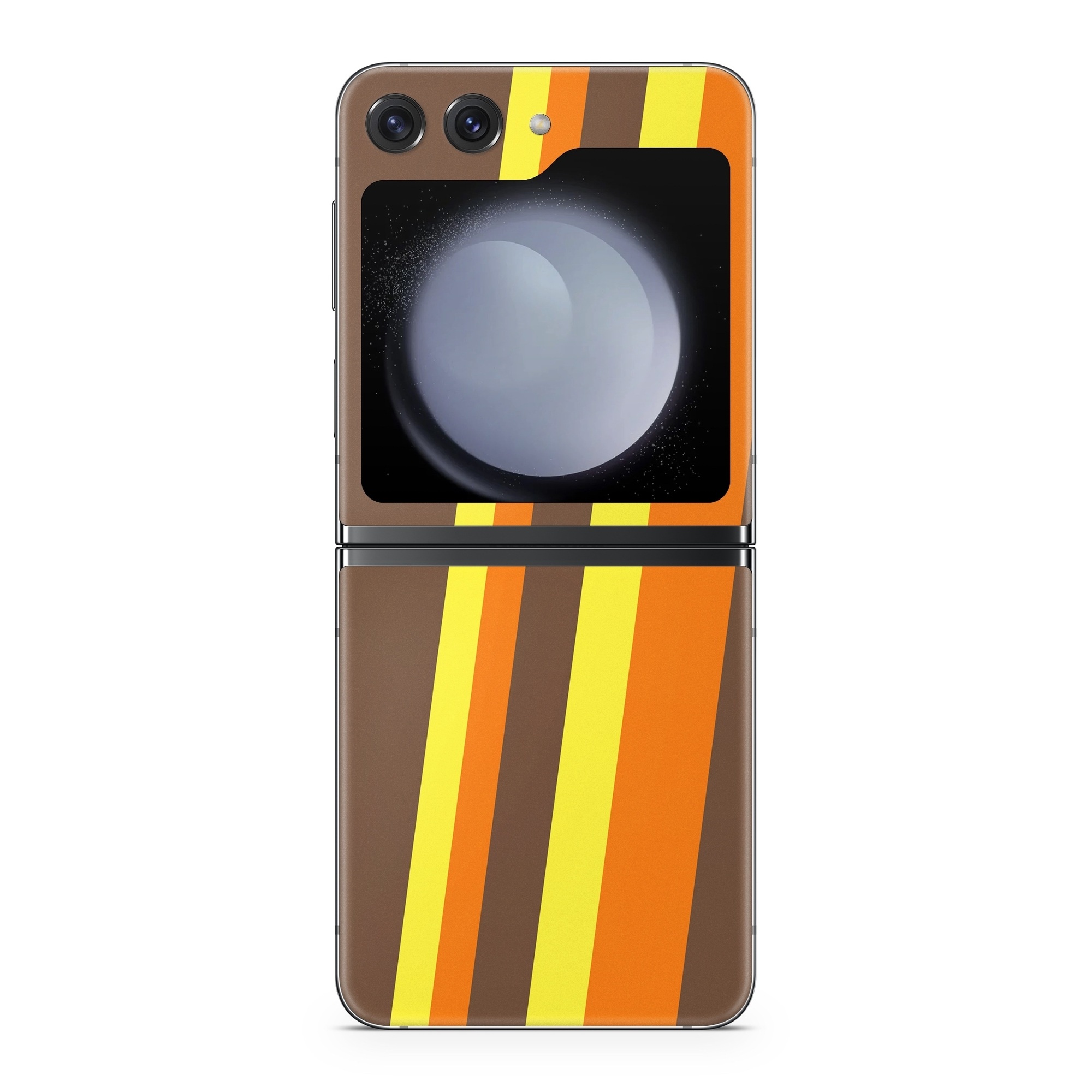 Samsung Galaxy Z Flip5 Skin design of Orange, Yellow, Line, Brown, Font, Material property, Graphic design, Pattern, Parallel, with brown, orange, yellow colors