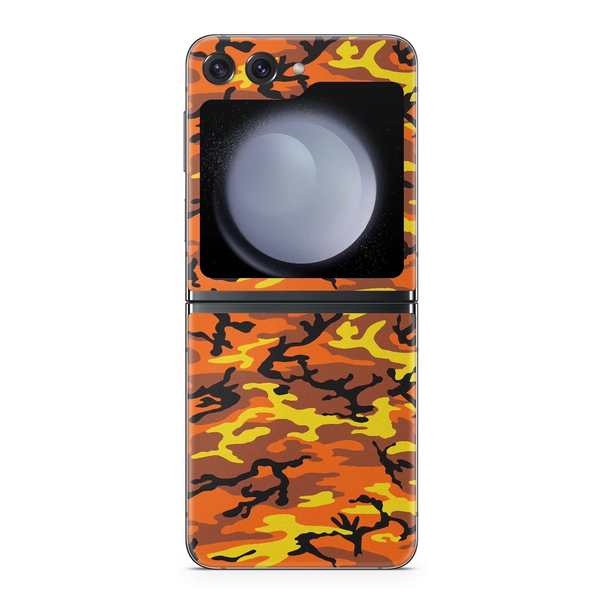 Samsung Galaxy Z Flip5 Skin design of Military camouflage, Orange, Pattern, Camouflage, Yellow, Brown, Uniform, Design, Tree, Wildlife, with red, green, black colors