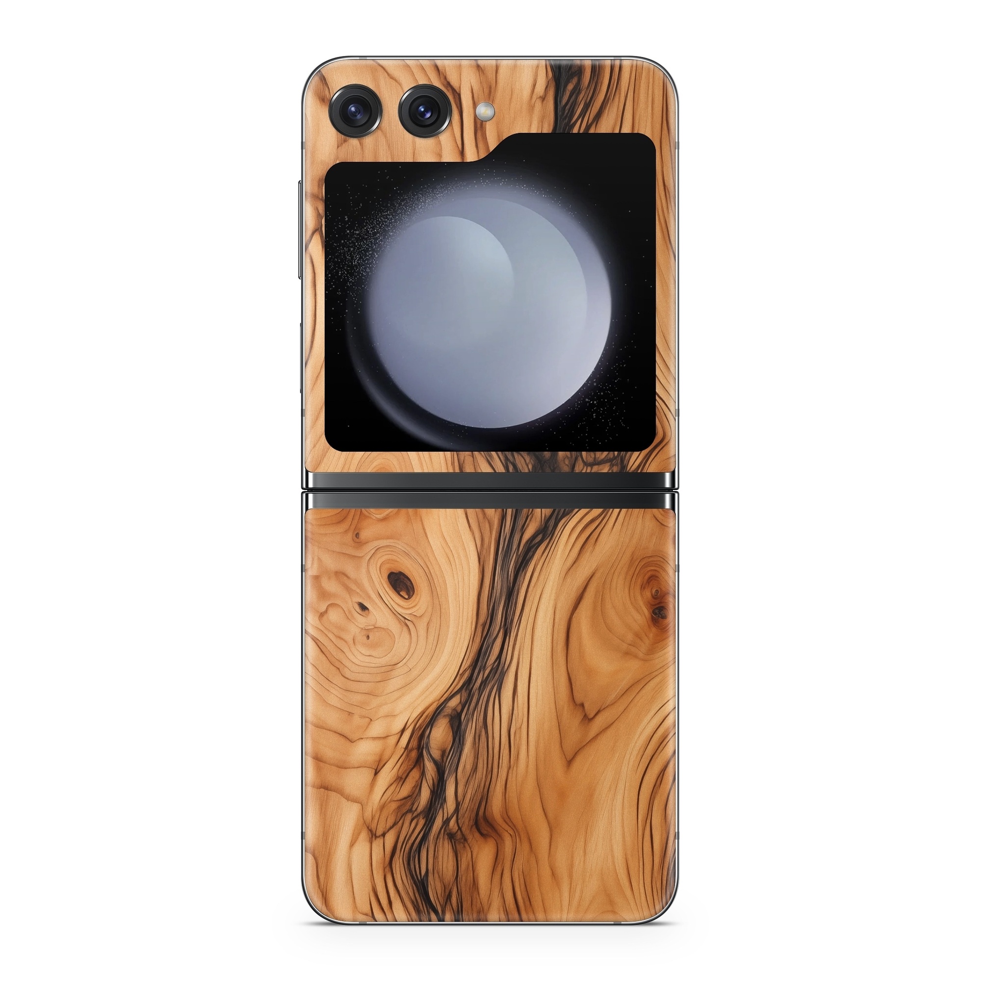 Samsung Galaxy Z Flip5 Skin design of Brown, Wood, Trunk, Wood stain, Floor, Liquid, Art, Woody plant, Landscape, Flooring, with black, brown, orange colors