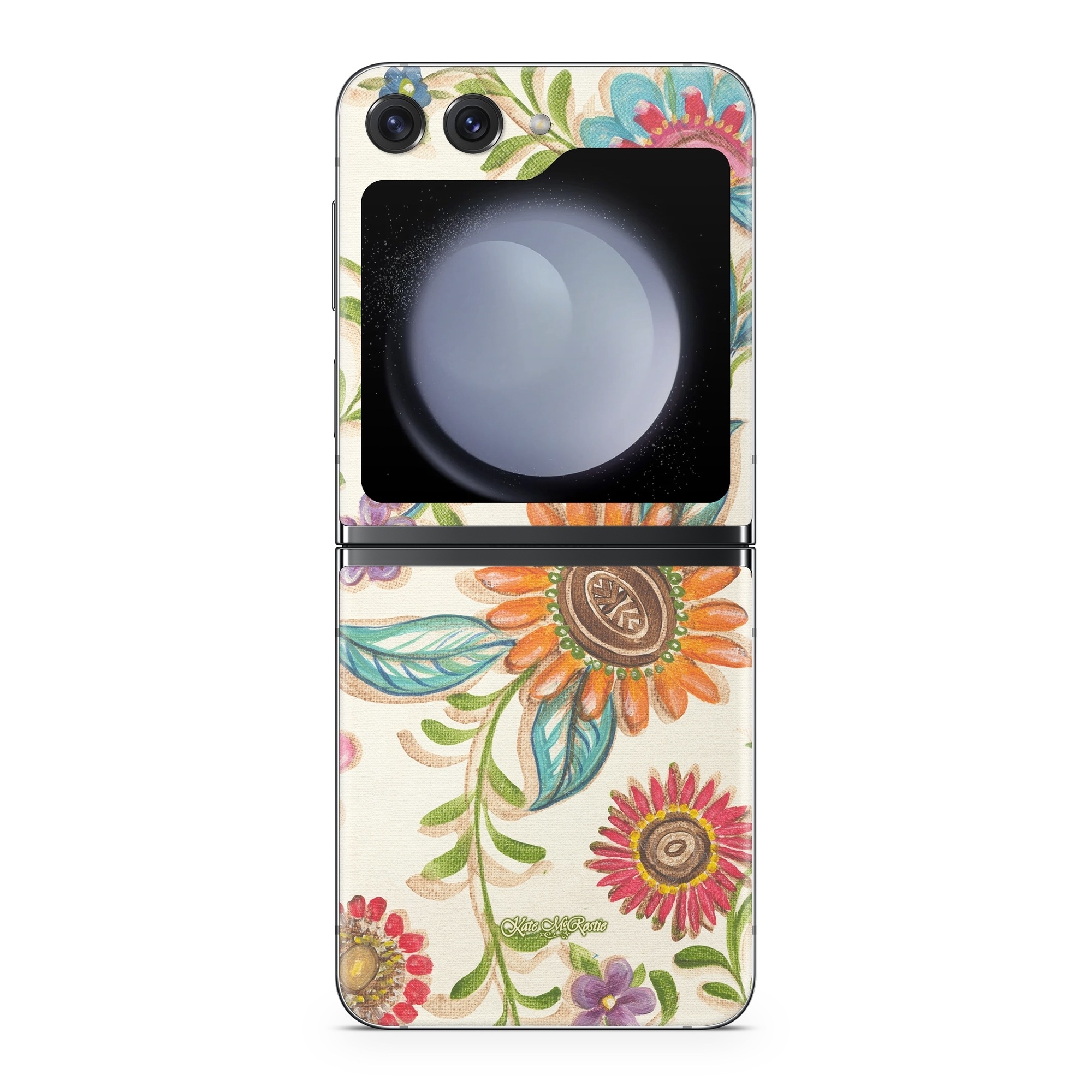 Samsung Galaxy Z Flip5 Skin design of Pattern, Floral design, Flower, Botany, Design, Visual arts, Textile, Plant, Wildflower, Pedicel, with gray, green, pink, yellow, red, blue colors