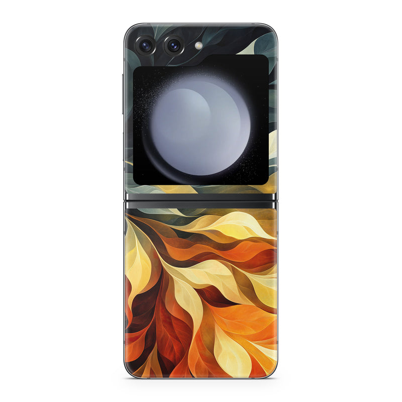 Samsung Galaxy Z Flip5 Skin design of Yellow, Orange, Art, Brown, Visual arts, Modern art, Design, Graphics, Fractal art, Paint, with red, orange, yellow, white, black, gray colors