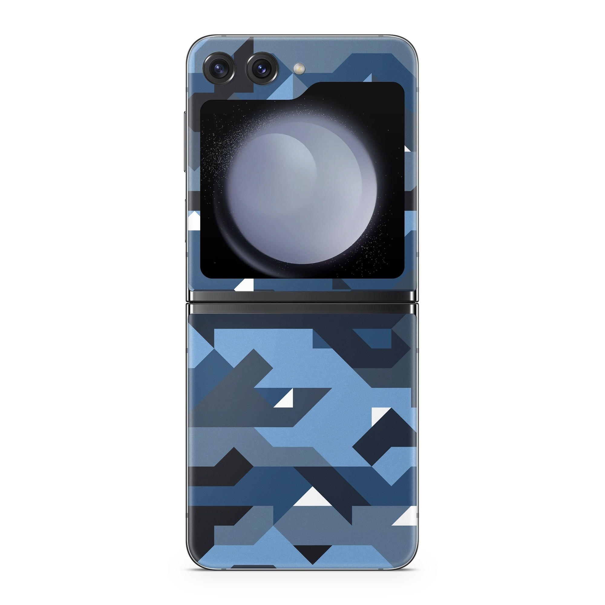 Samsung Galaxy Z Flip5 Skin design of Blue, Pattern, Design, Font, Line, Camouflage, Illustration, Triangle, with blue, black, white, gray colors