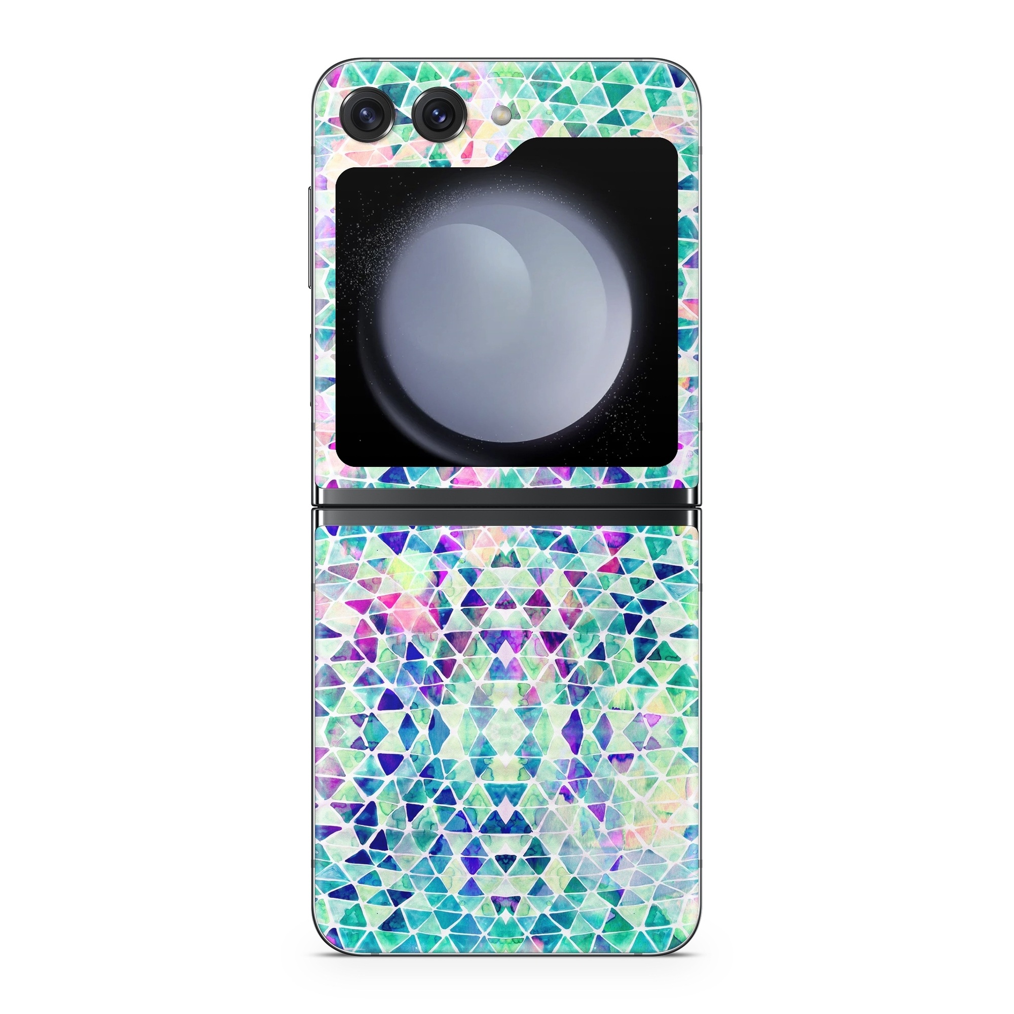 Samsung Galaxy Z Flip5 Skin design of Pattern, Aqua, Line, Teal, Purple, Turquoise, Design, with white, blue, purple, orange, green colors