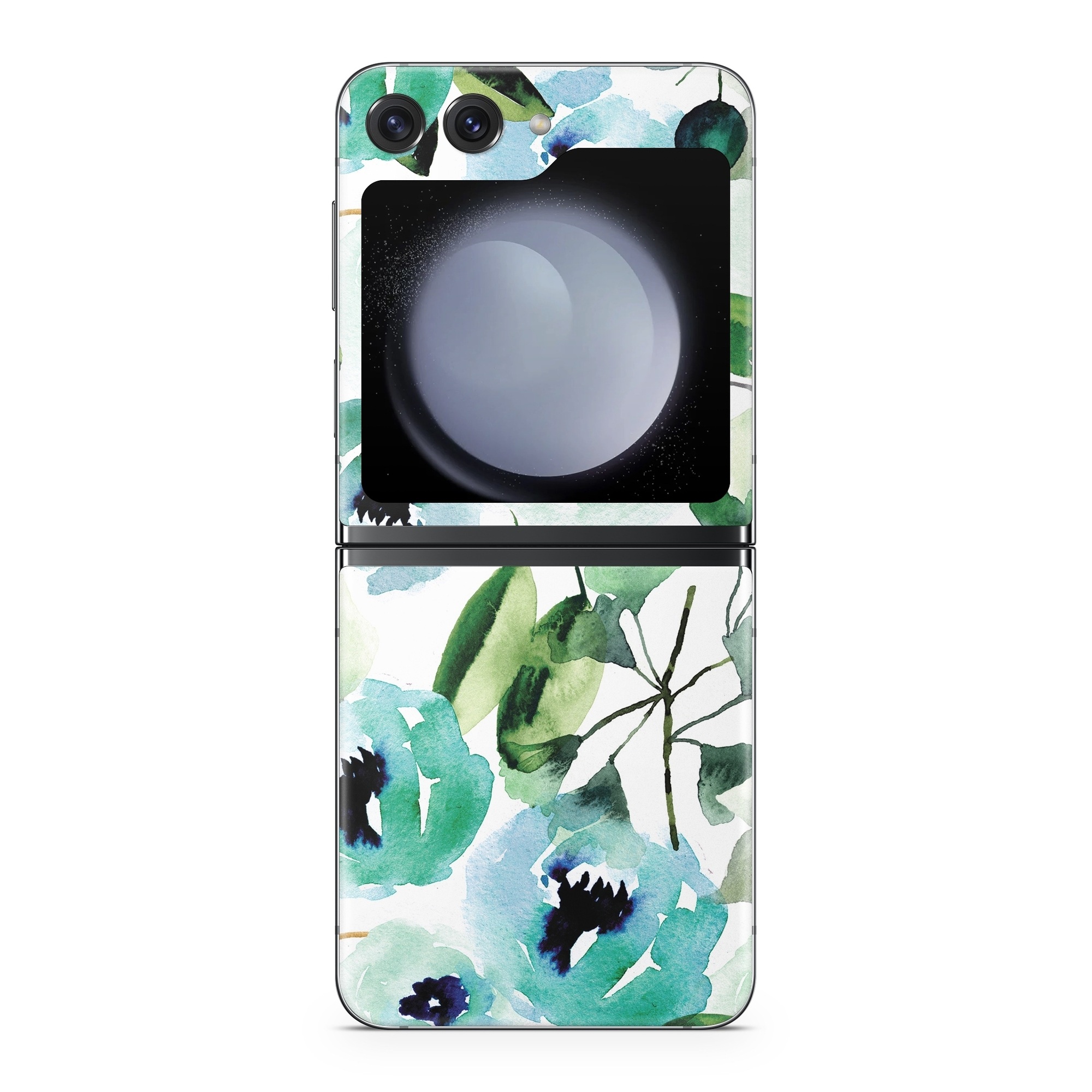 Samsung Galaxy Z Flip5 Skin design of Green, Pattern, Leaf, Aqua, Plant, Design, Branch, Organism, Flower, Ivy, with white, green, blue, black colors