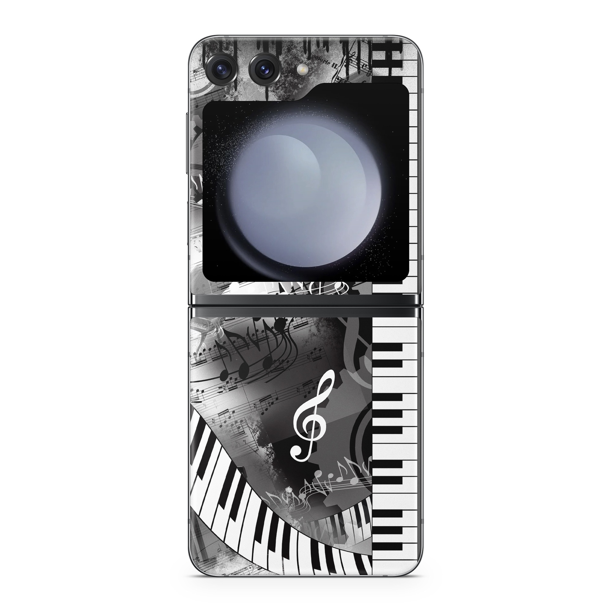 Samsung Galaxy Z Flip5 Skin design of Music, Monochrome, Black-and-white, Illustration, Graphic design, Musical instrument, Technology, Musical keyboard, Piano, Electronic instrument, with black, gray, white colors