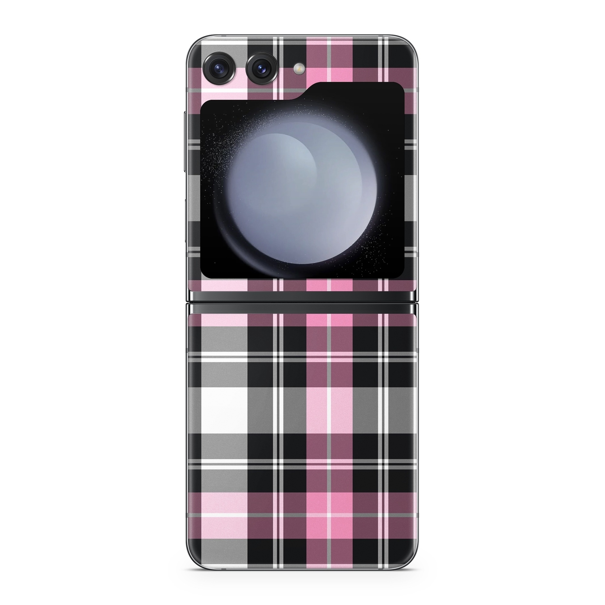 Samsung Galaxy Z Flip5 Skin design of Plaid, Tartan, Pattern, Pink, Purple, Violet, Line, Textile, Magenta, Design, with black, gray, pink, red, white, purple colors