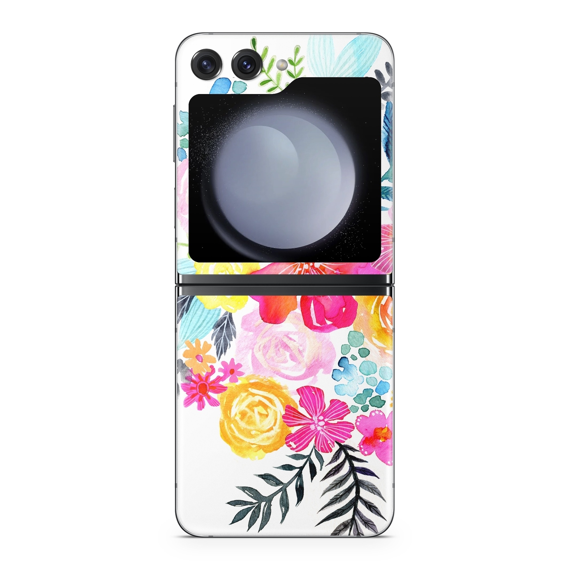 Samsung Galaxy Z Flip5 Skin design of Flower, Clip art, Bouquet, Plant, Illustration, Floral design, Pink, Petal, Botany, Design, with white, pink, orange, red, yellow, blue, black, green colors