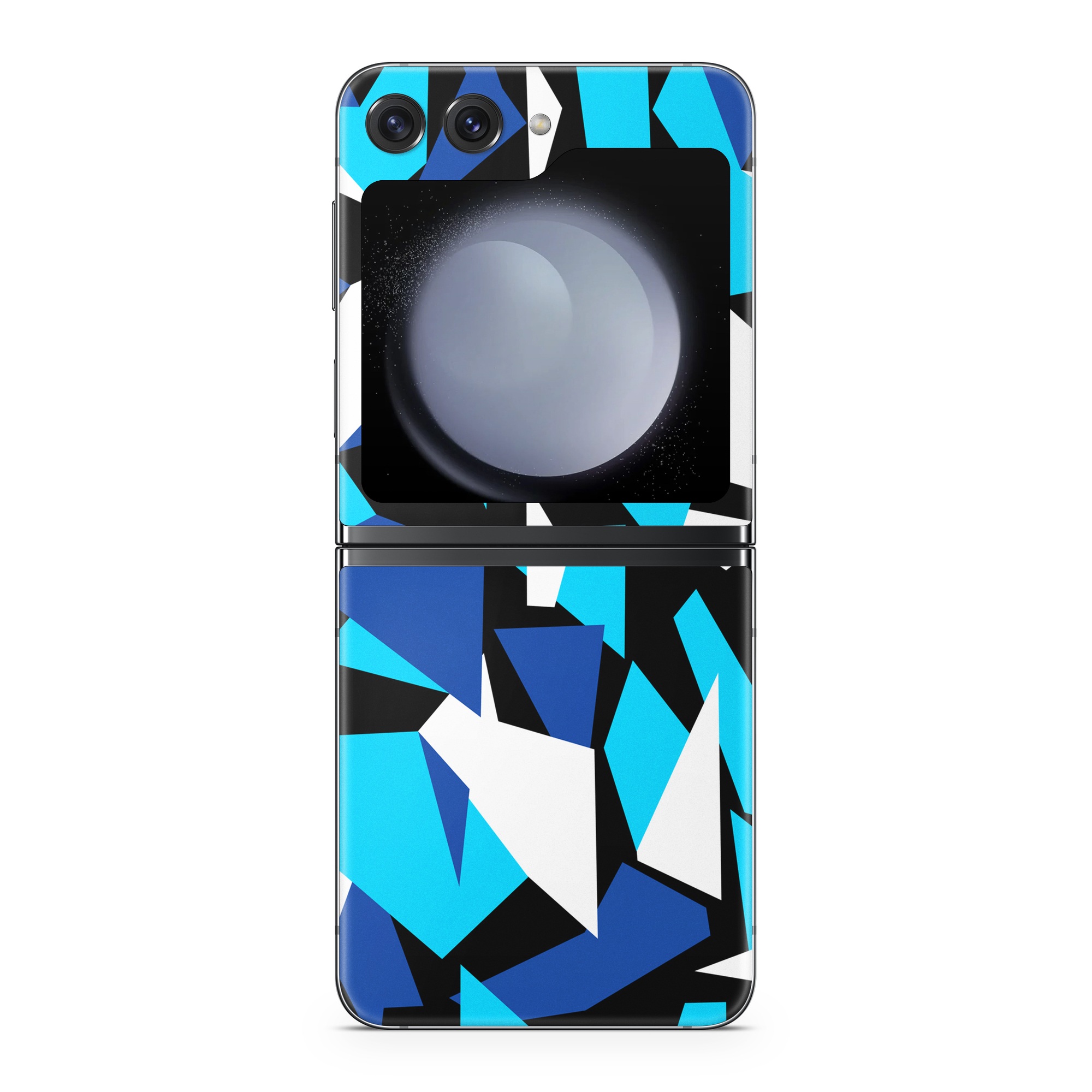 Samsung Galaxy Z Flip5 Skin design of Blue, Pattern, Turquoise, Cobalt blue, Teal, Design, Electric blue, Graphic design, Triangle, Font, with blue, white, black colors