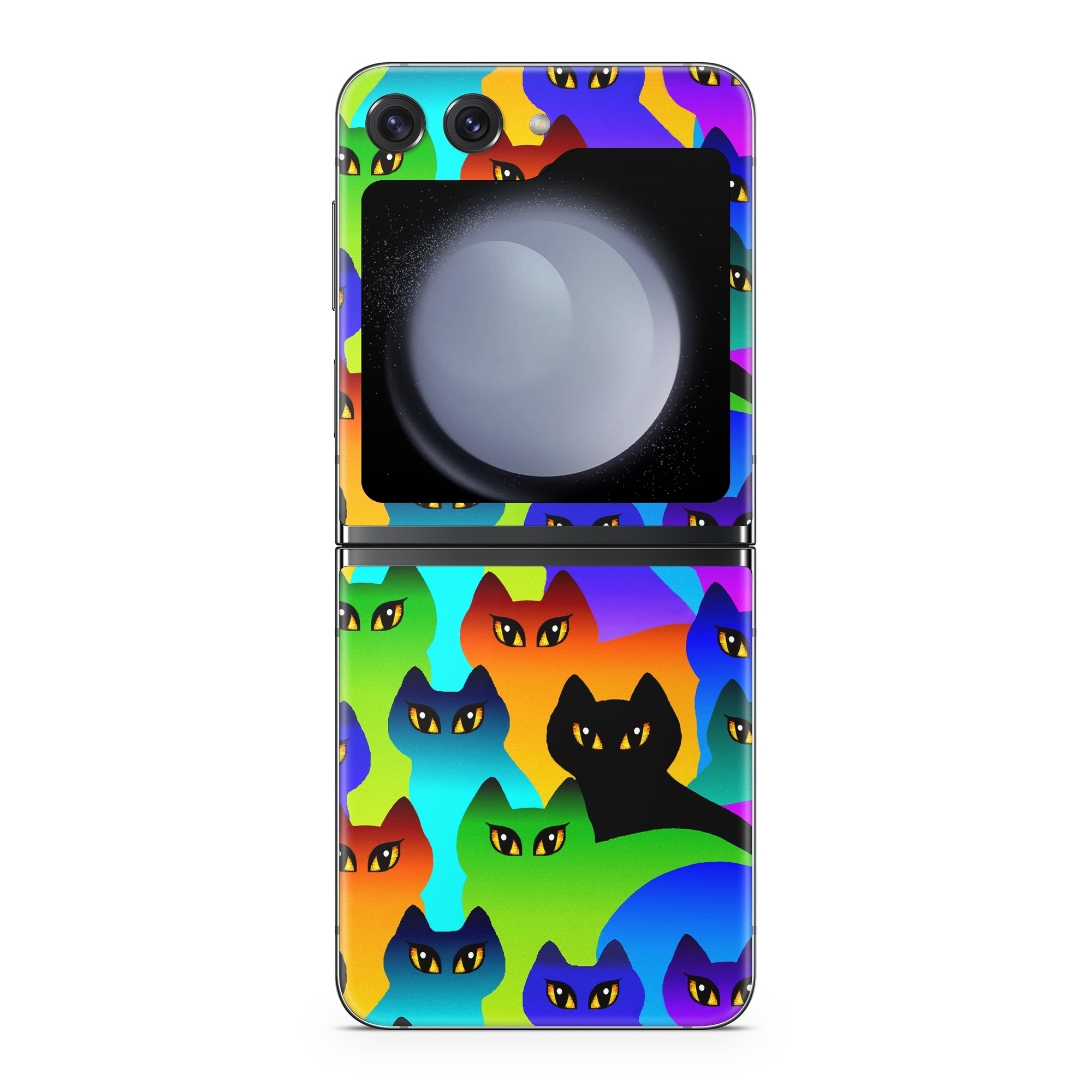 Samsung Galaxy Z Flip5 Skin design of Black cat, Purple, Cat, Small to medium-sized cats, Pattern, Design, Felidae, Illustration, Art, with black, blue, green, purple colors